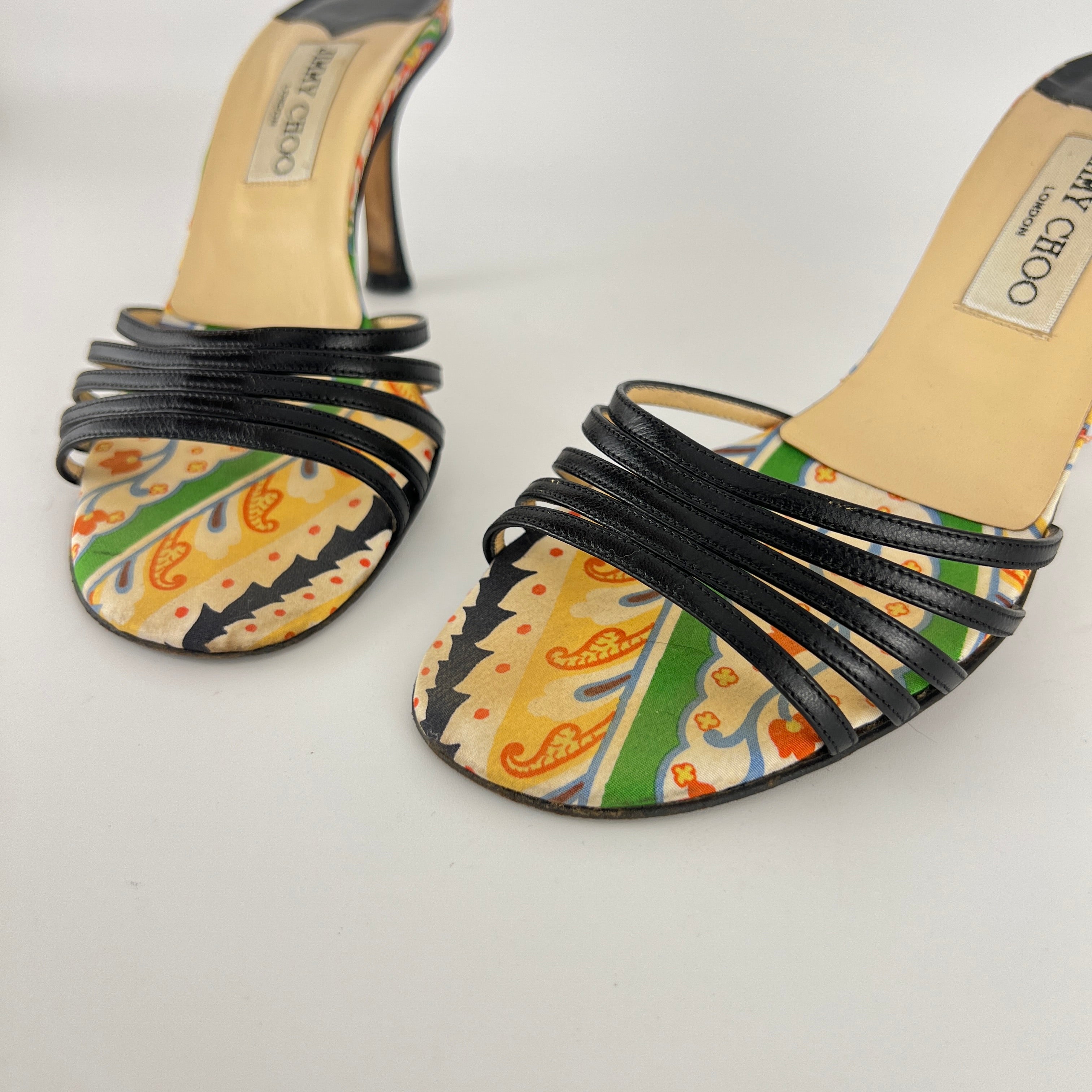 Jimmy Choo | Paisley Green Yellow Pattern Insole Black Strappy Mules  (37)