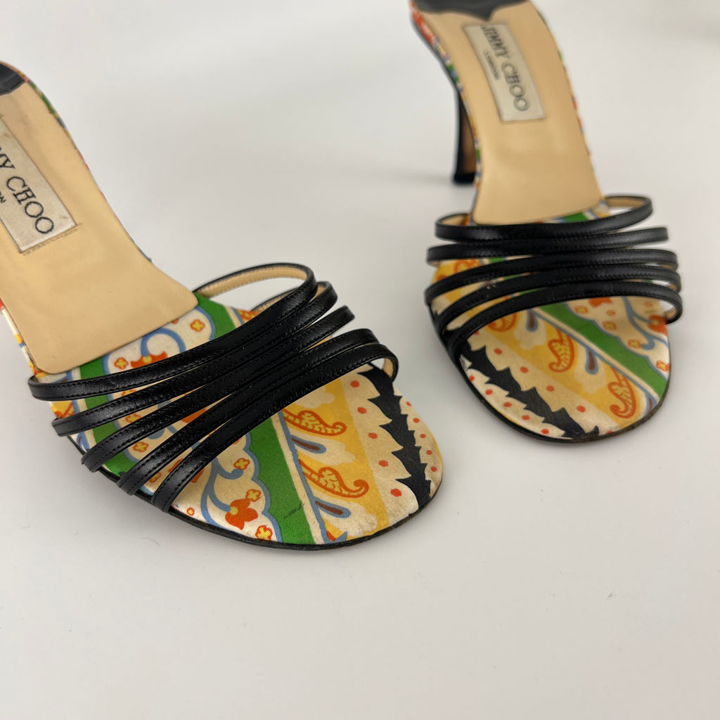 Jimmy Choo | Paisley Green Yellow Pattern Insole Black Strappy Mules  (37)