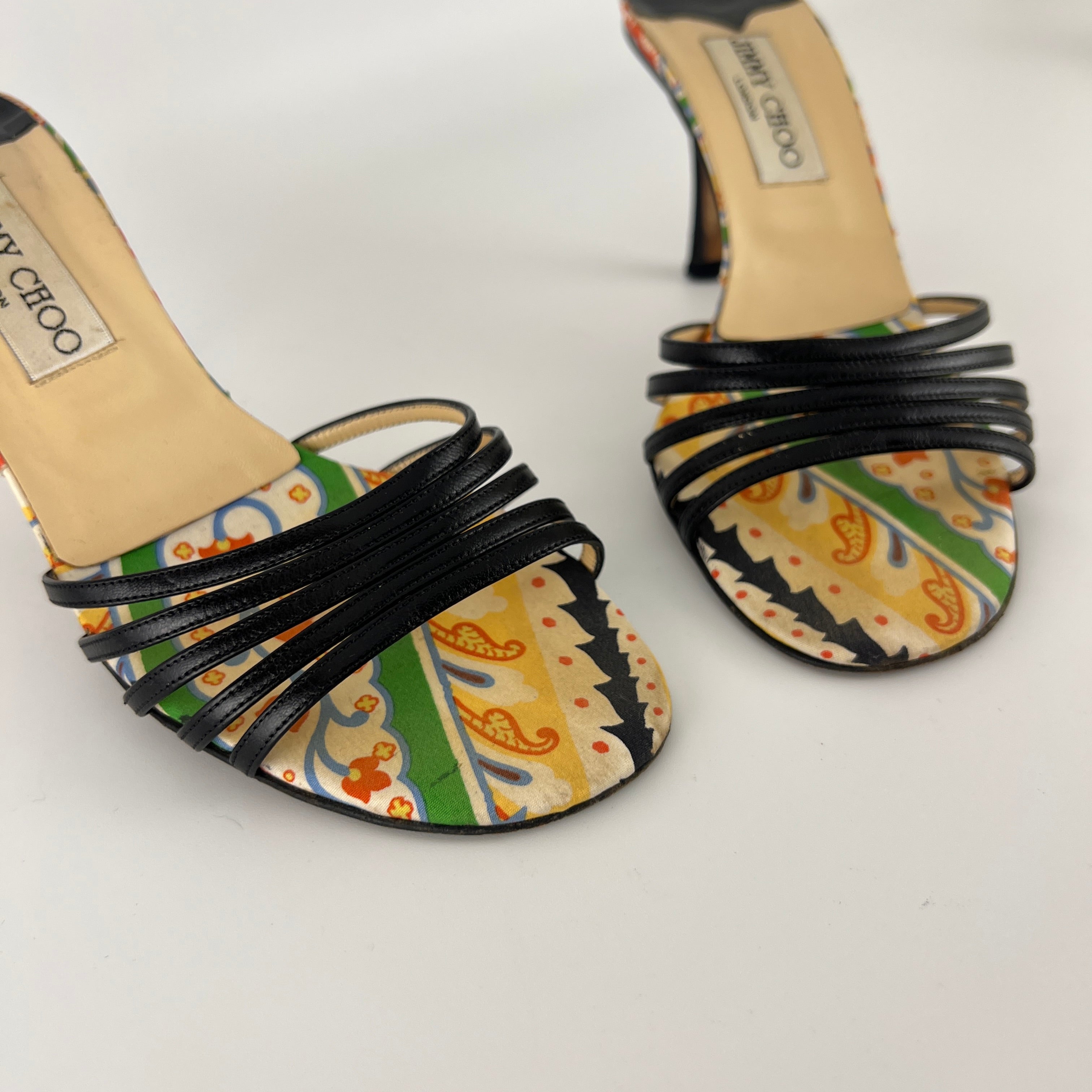 Jimmy Choo | Paisley Green Yellow Pattern Insole Black Strappy Mules  (37)