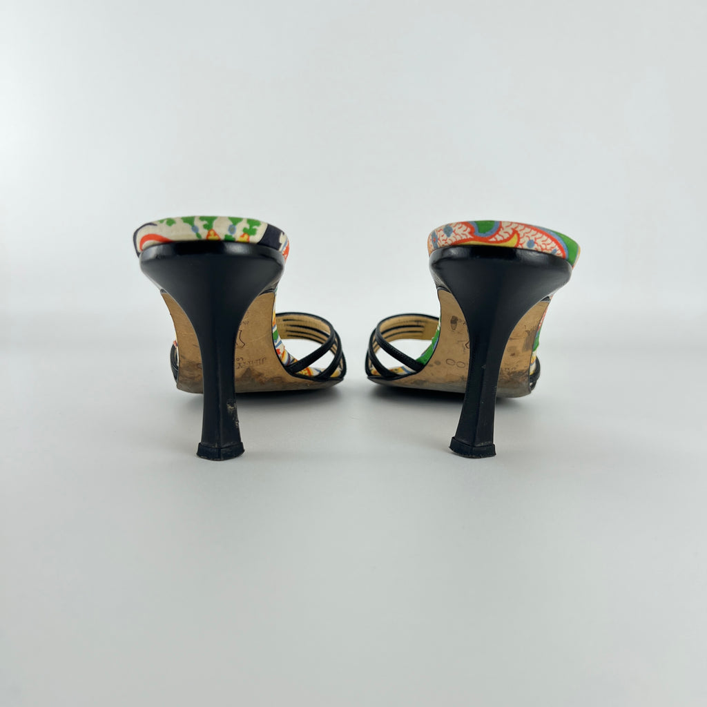 Jimmy Choo | Paisley Green Yellow Pattern Insole Black Strappy Mules  (37)