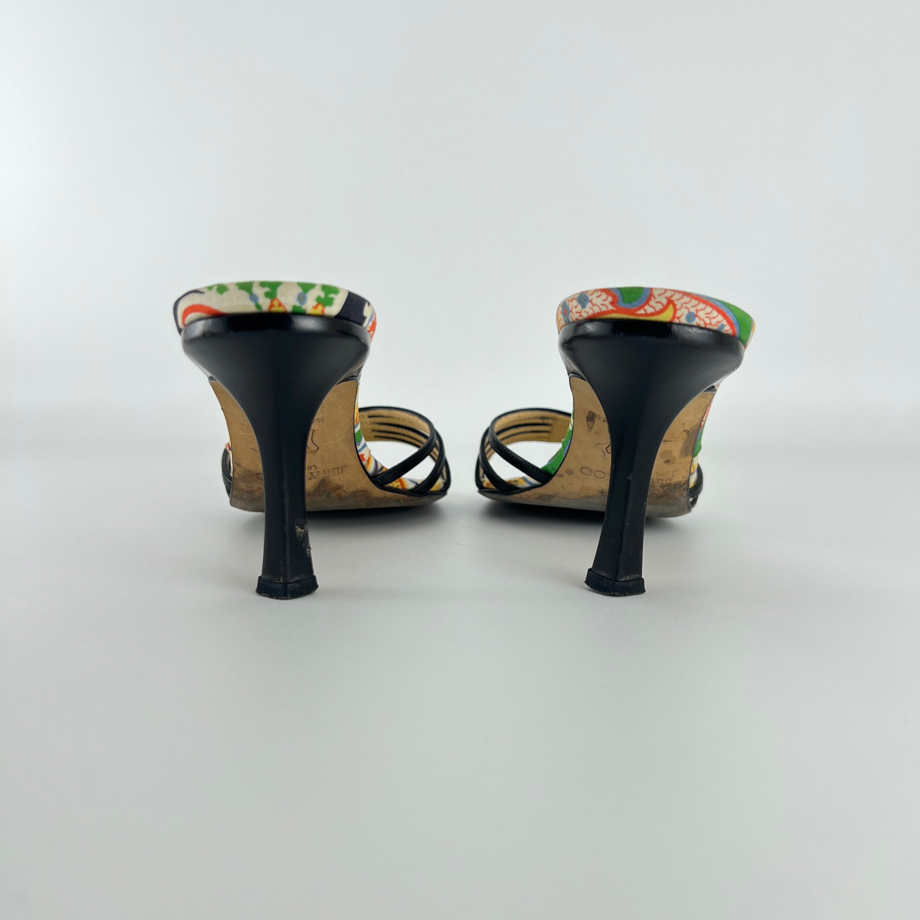 Jimmy Choo | Paisley Green Yellow Pattern Insole Black Strappy Mules  (37)