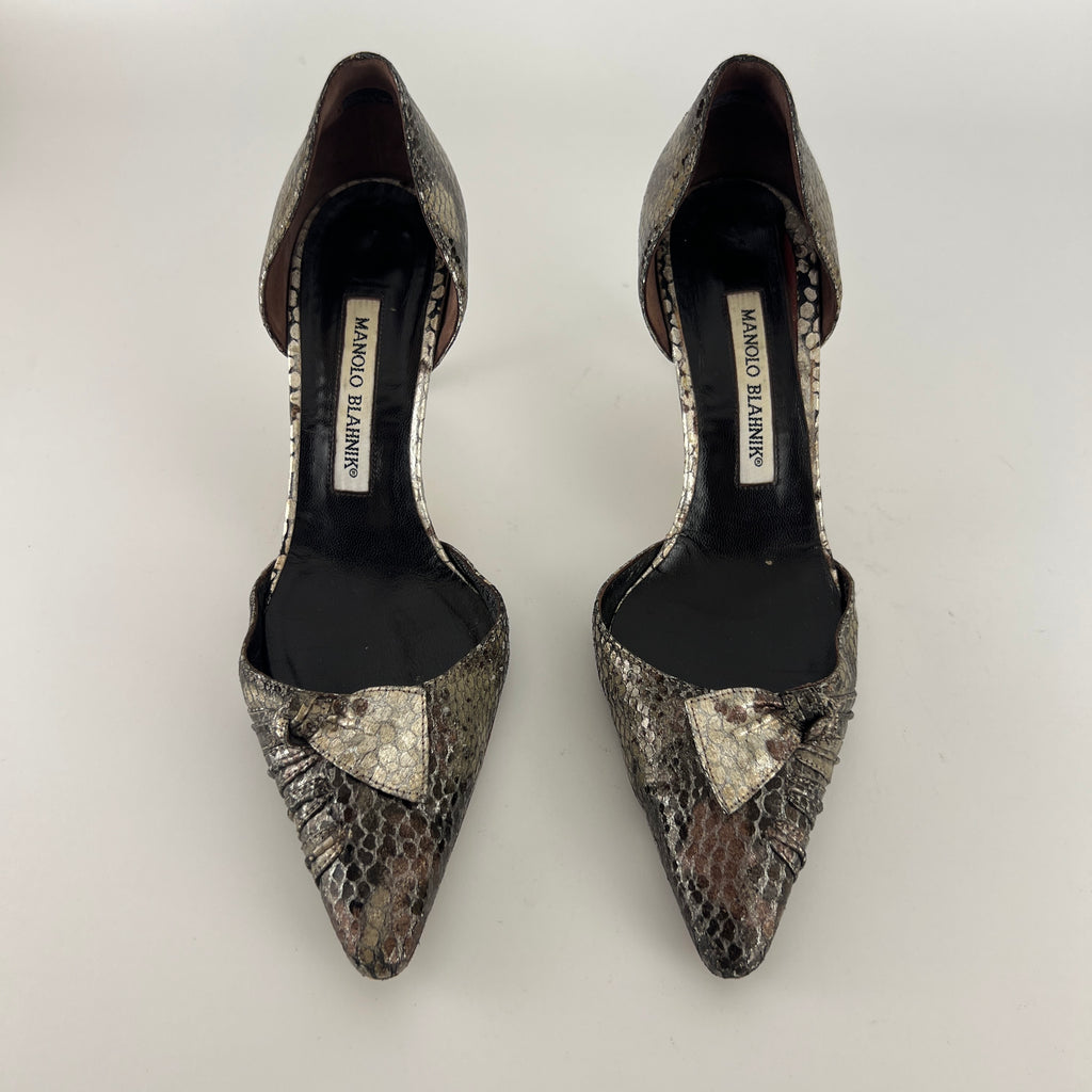 Manolo Blahnik | Silver Snake Print Leather Knot Pointed Toe D'Orsay (36.5)