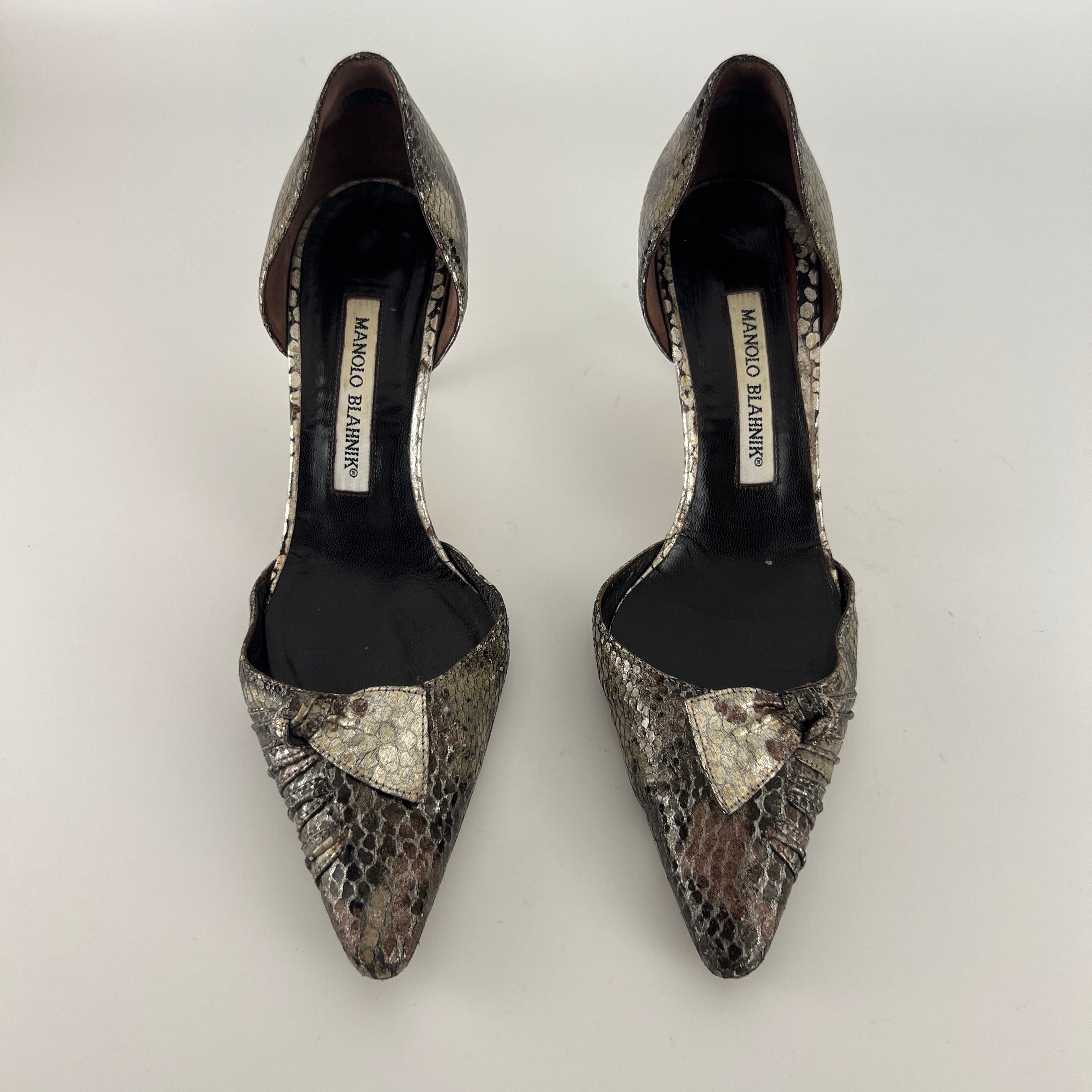 Manolo Blahnik | Silver Snake Print Leather Knot Pointed Toe D'Orsay (36.5)