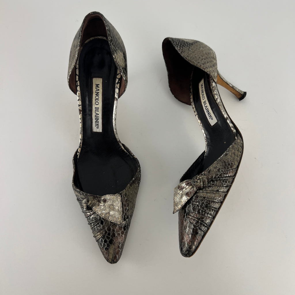 Manolo Blahnik | Silver Snake Print Leather Knot Pointed Toe D'Orsay (36.5)