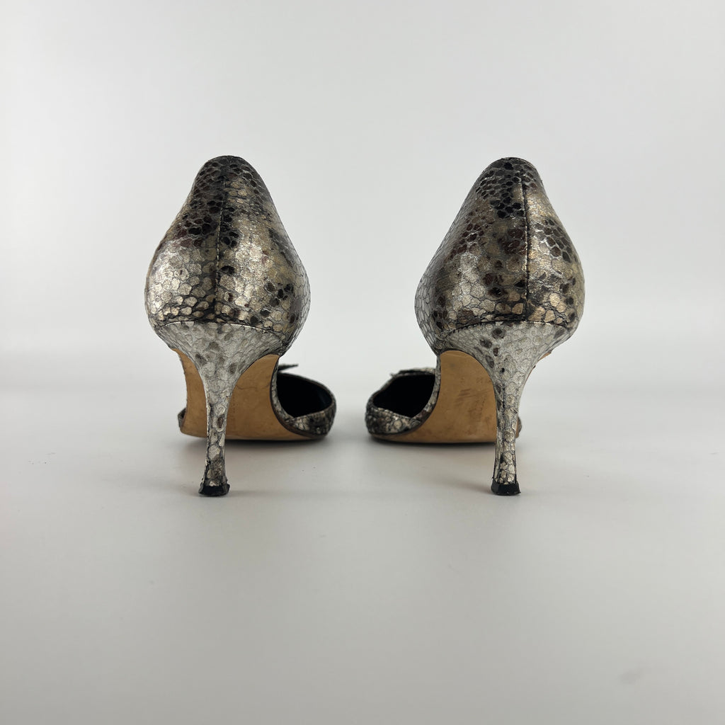 Manolo Blahnik | Silver Snake Print Leather Knot Pointed Toe D'Orsay (36.5)