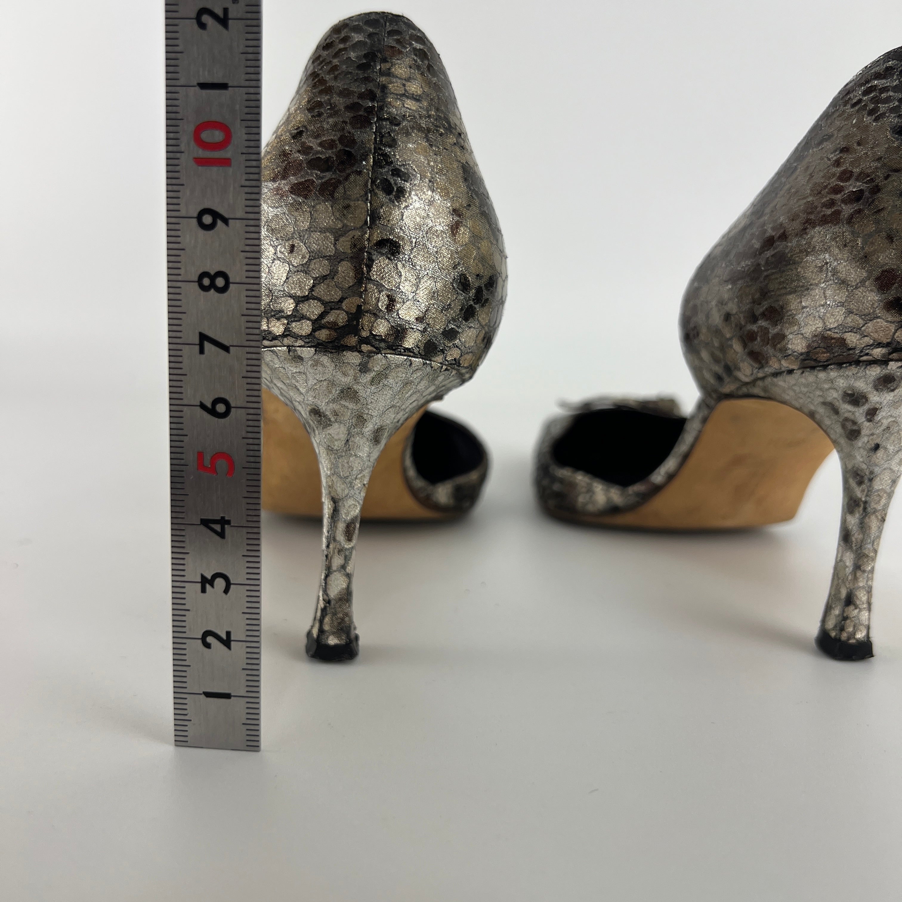 Manolo Blahnik | Silver Snake Print Leather Knot Pointed Toe D'Orsay (36.5)
