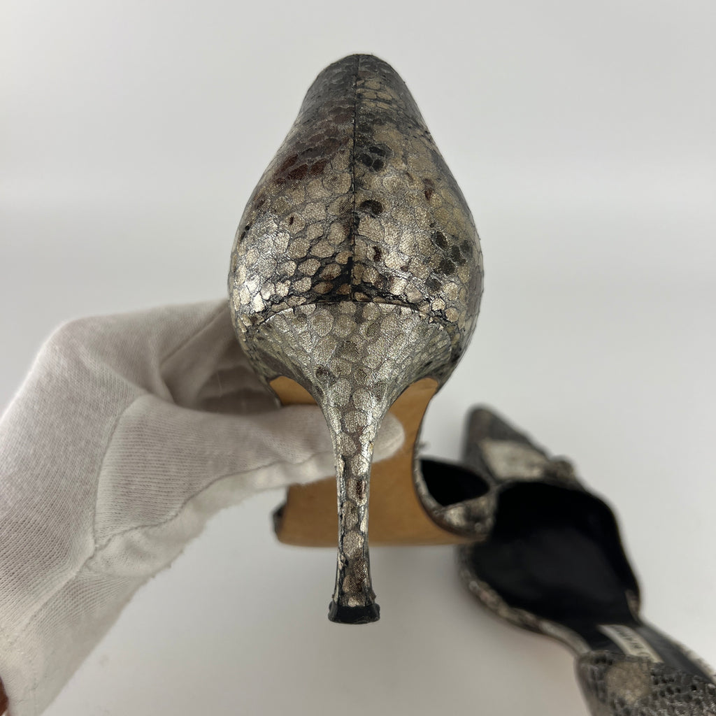 Manolo Blahnik | Silver Snake Print Leather Knot Pointed Toe D'Orsay (36.5)
