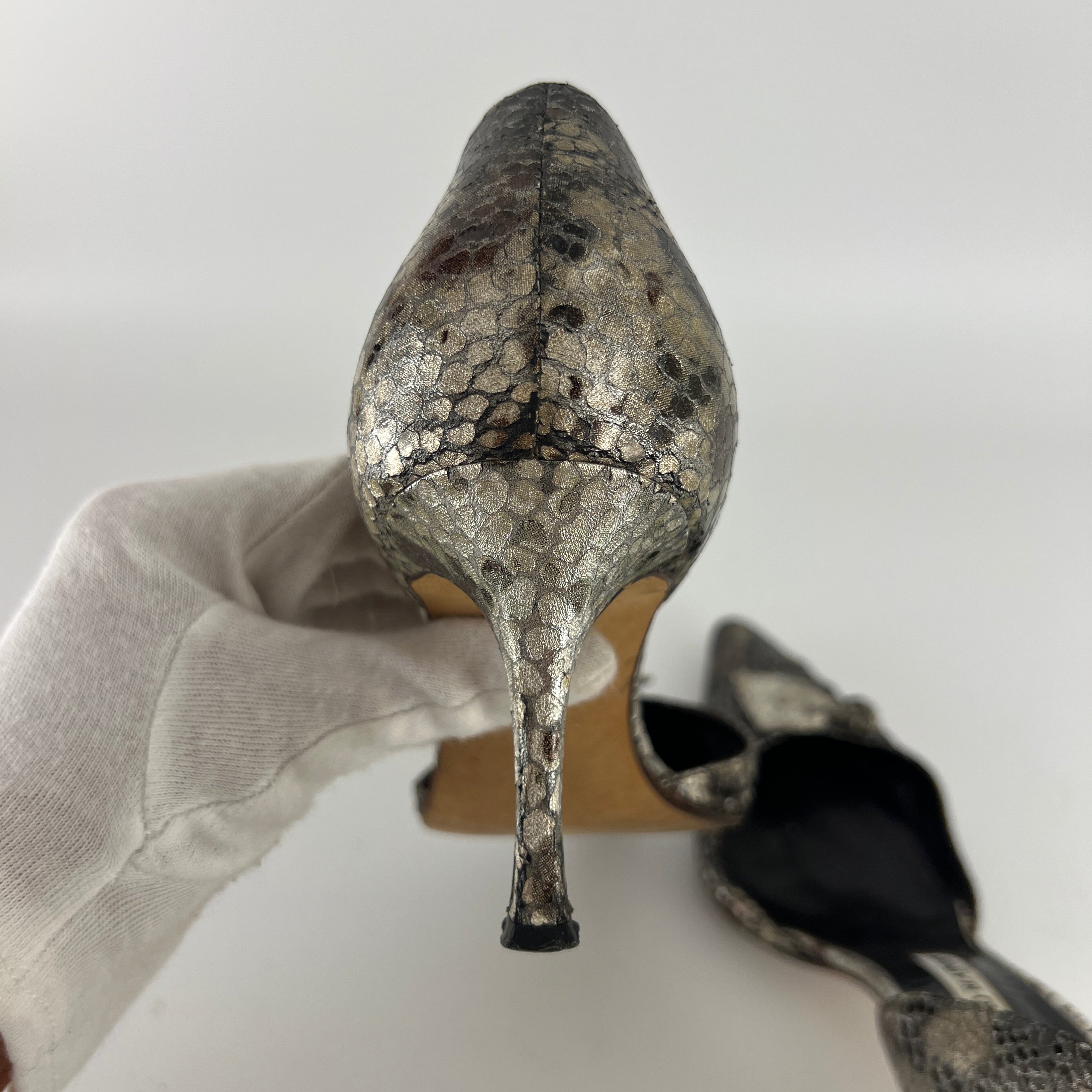 Manolo Blahnik | Silver Snake Print Leather Knot Pointed Toe D'Orsay (36.5)