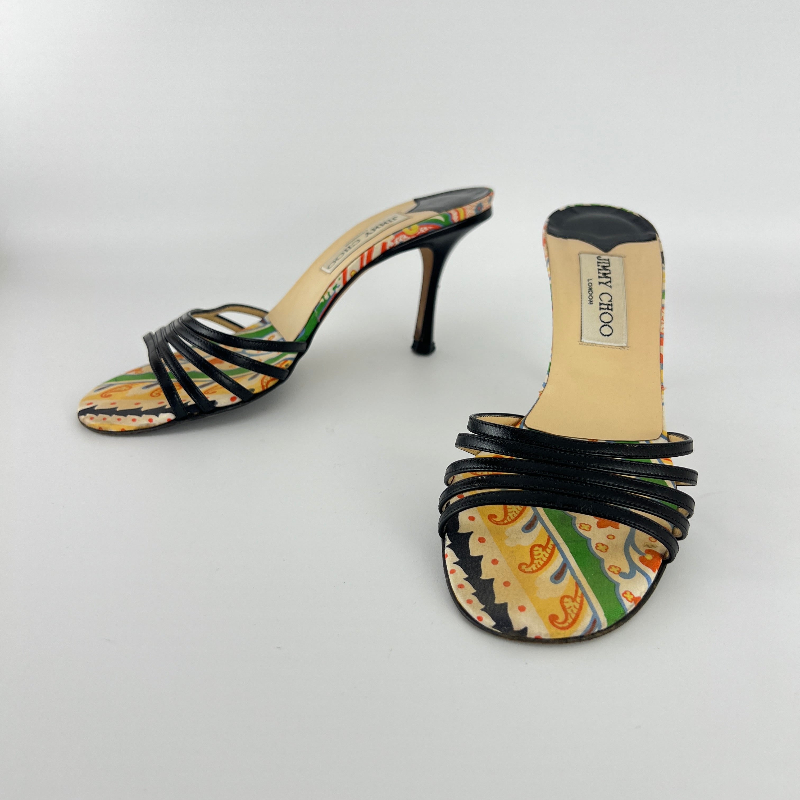Jimmy Choo | Paisley Green Yellow Pattern Insole Black Strappy Mules  (37)