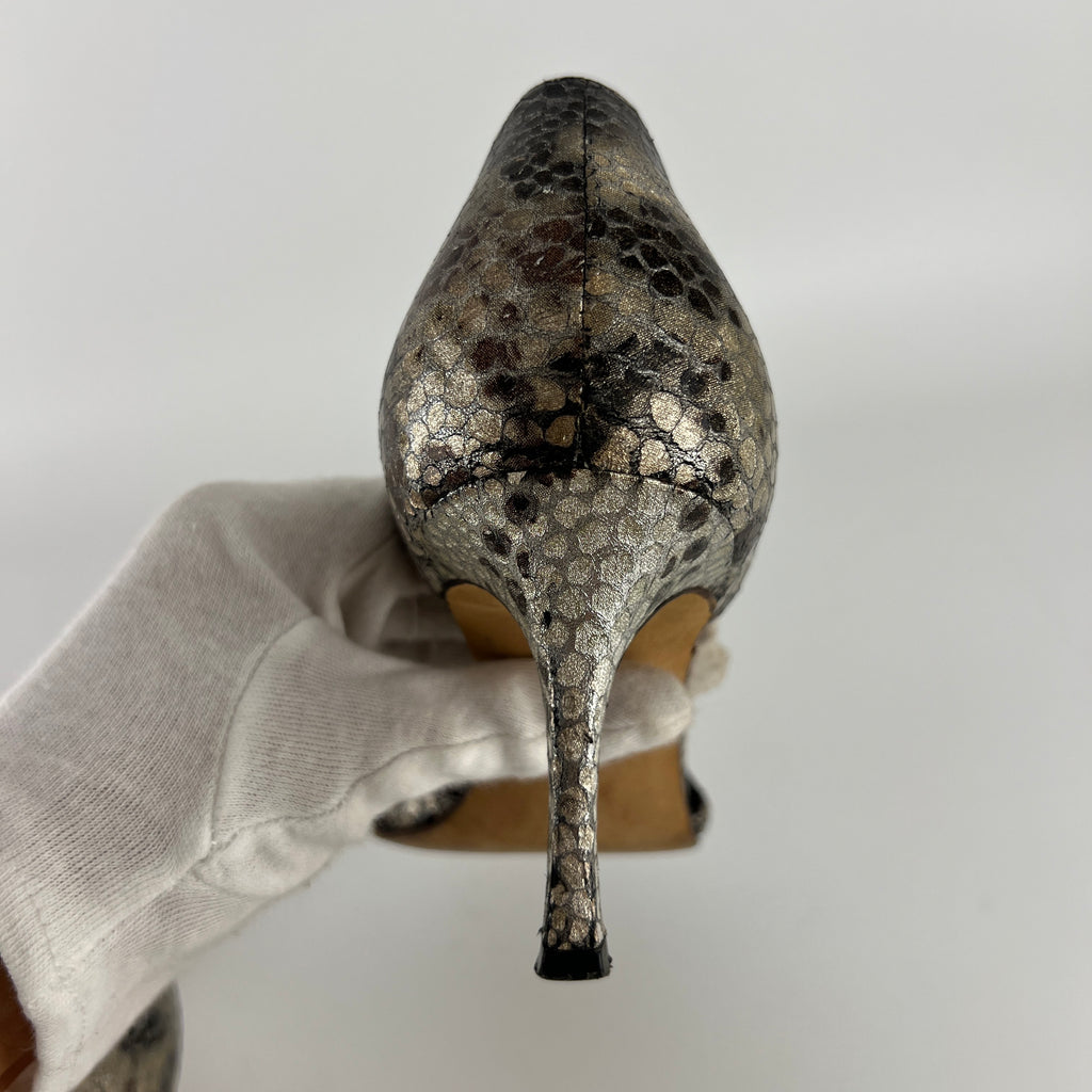 Manolo Blahnik | Silver Snake Print Leather Knot Pointed Toe D'Orsay (36.5)