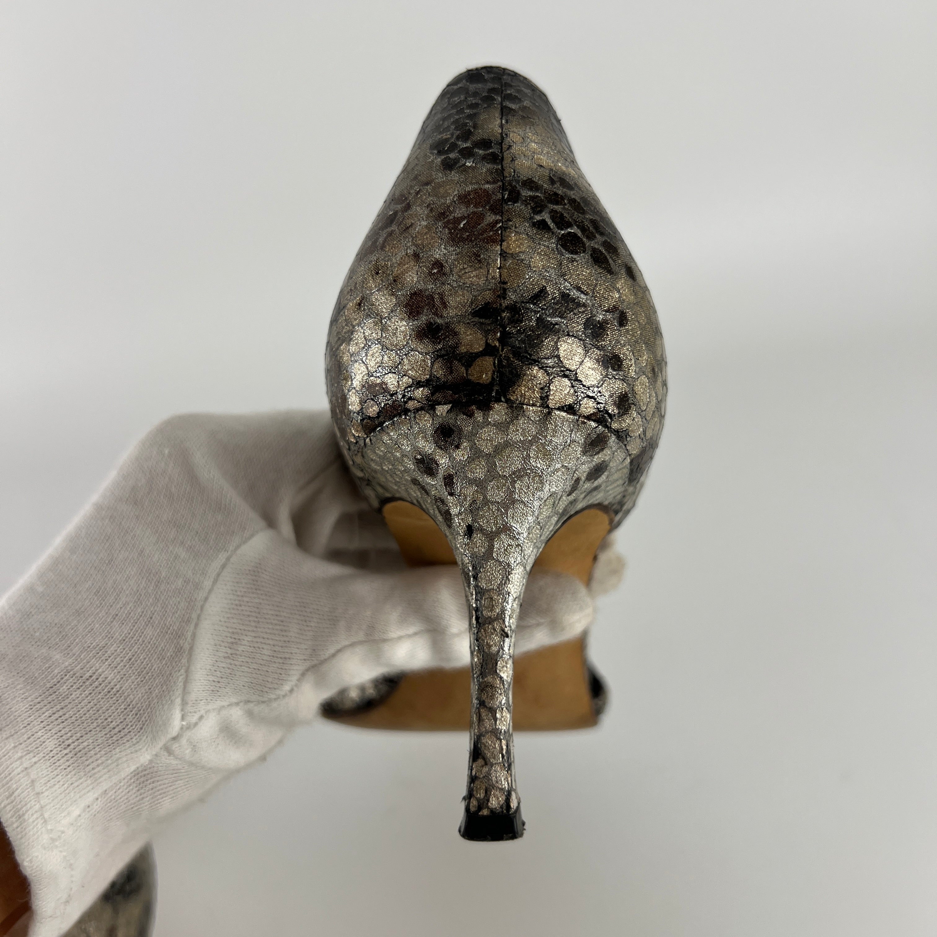 Manolo Blahnik | Silver Snake Print Leather Knot Pointed Toe D'Orsay (36.5)