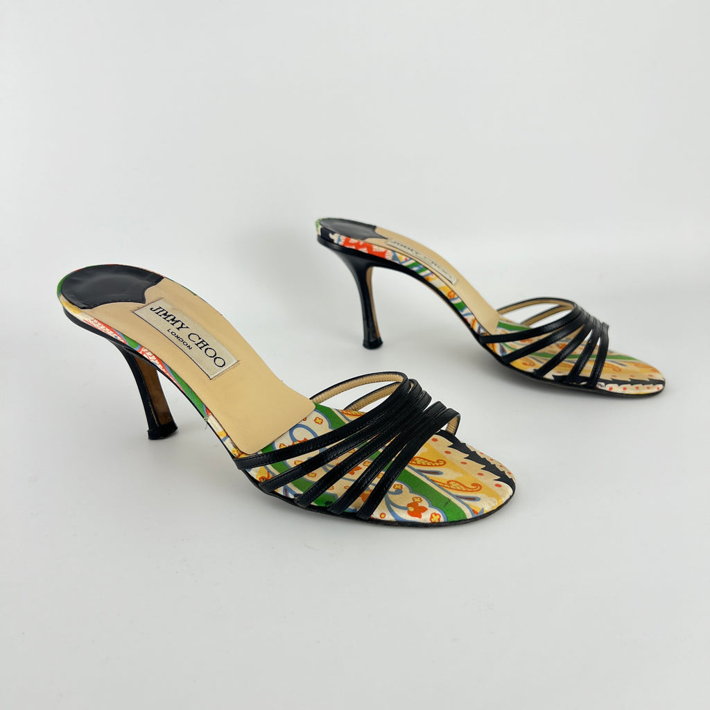 Jimmy Choo | Paisley Green Yellow Pattern Insole Black Strappy Mules  (37)