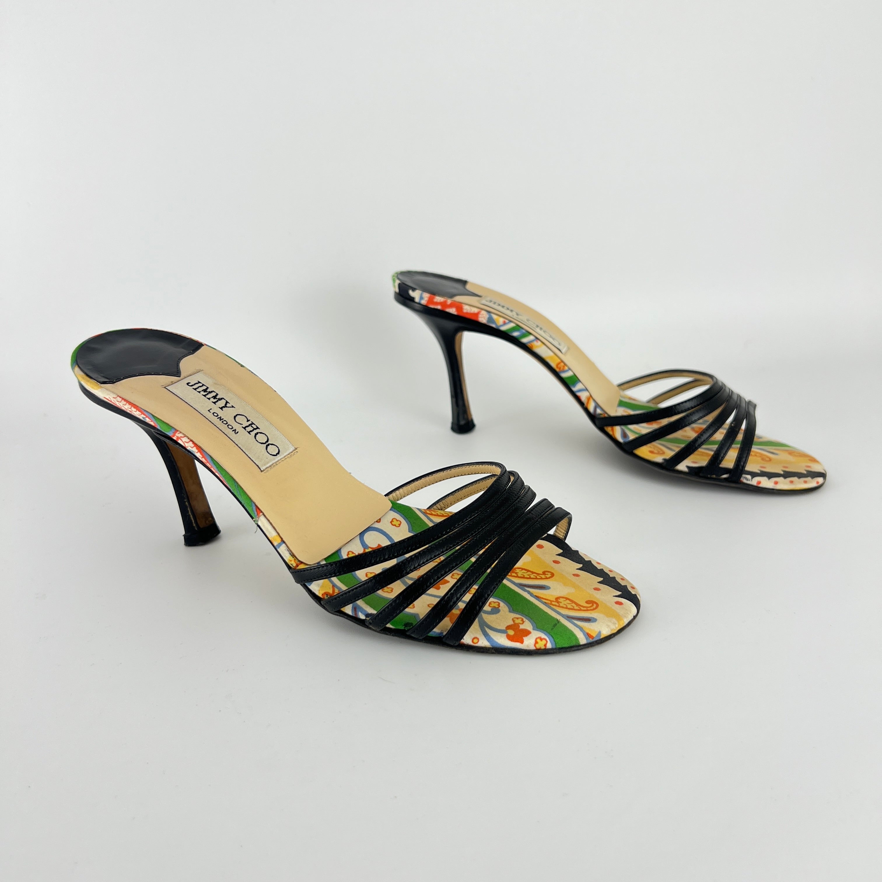 Jimmy Choo | Paisley Green Yellow Pattern Insole Black Strappy Mules  (37)