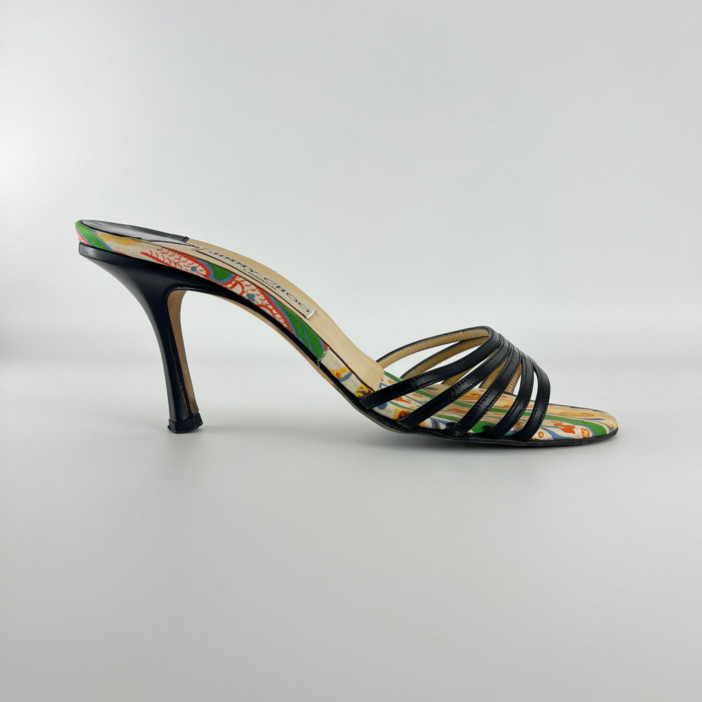 Jimmy Choo | Paisley Green Yellow Pattern Insole Black Strappy Mules  (37)