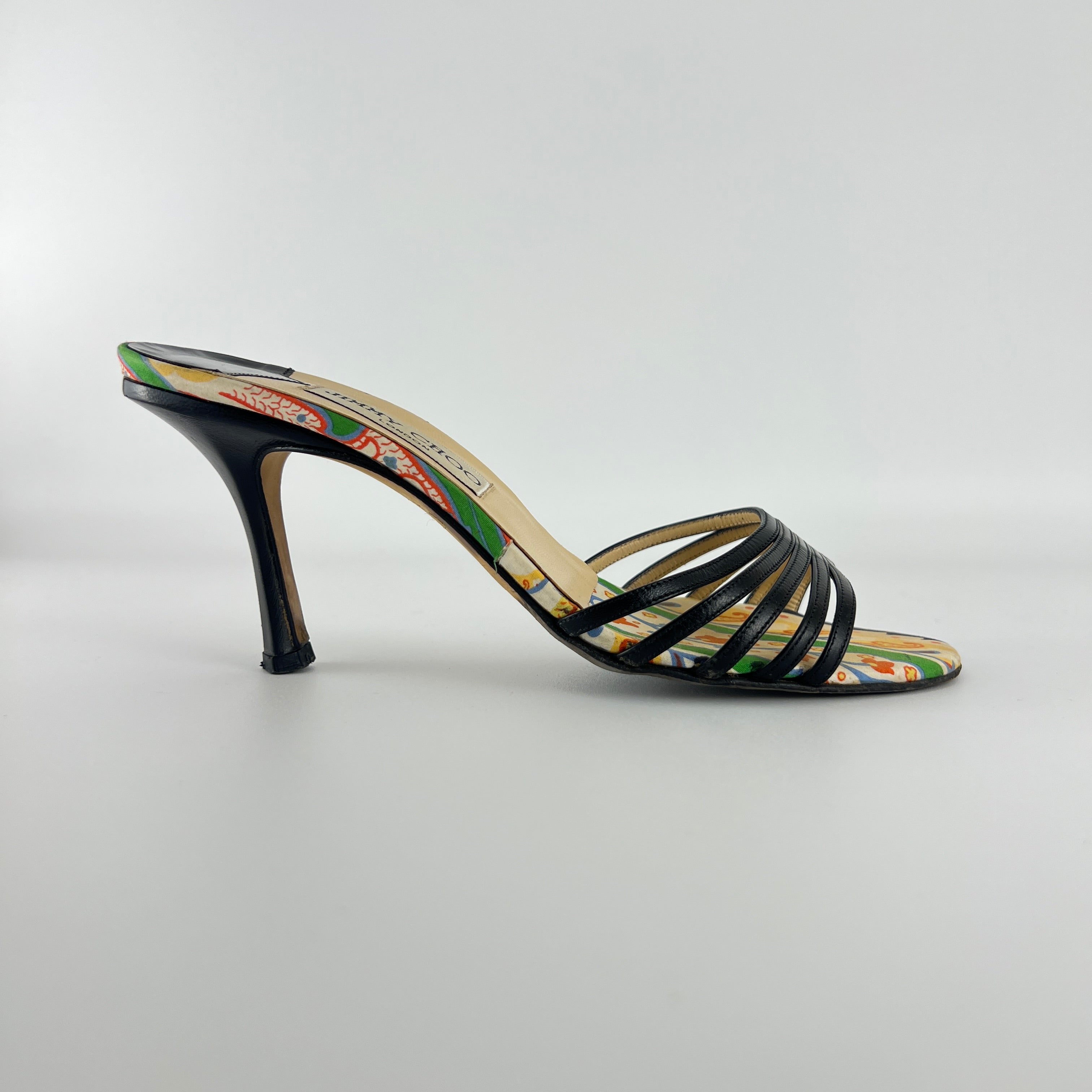 Jimmy Choo | Paisley Green Yellow Pattern Insole Black Strappy Mules  (37)