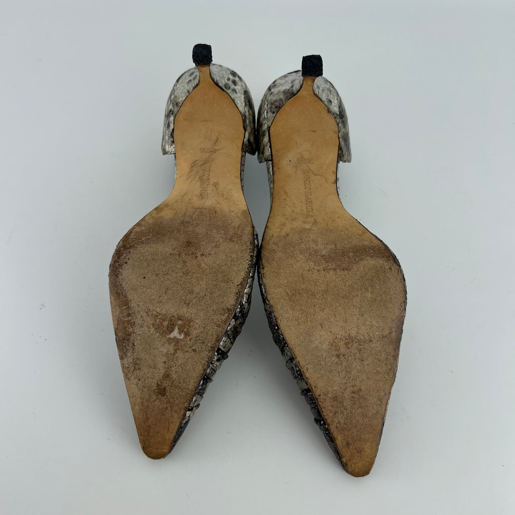 Manolo Blahnik | Silver Snake Print Leather Knot Pointed Toe D'Orsay (36.5)