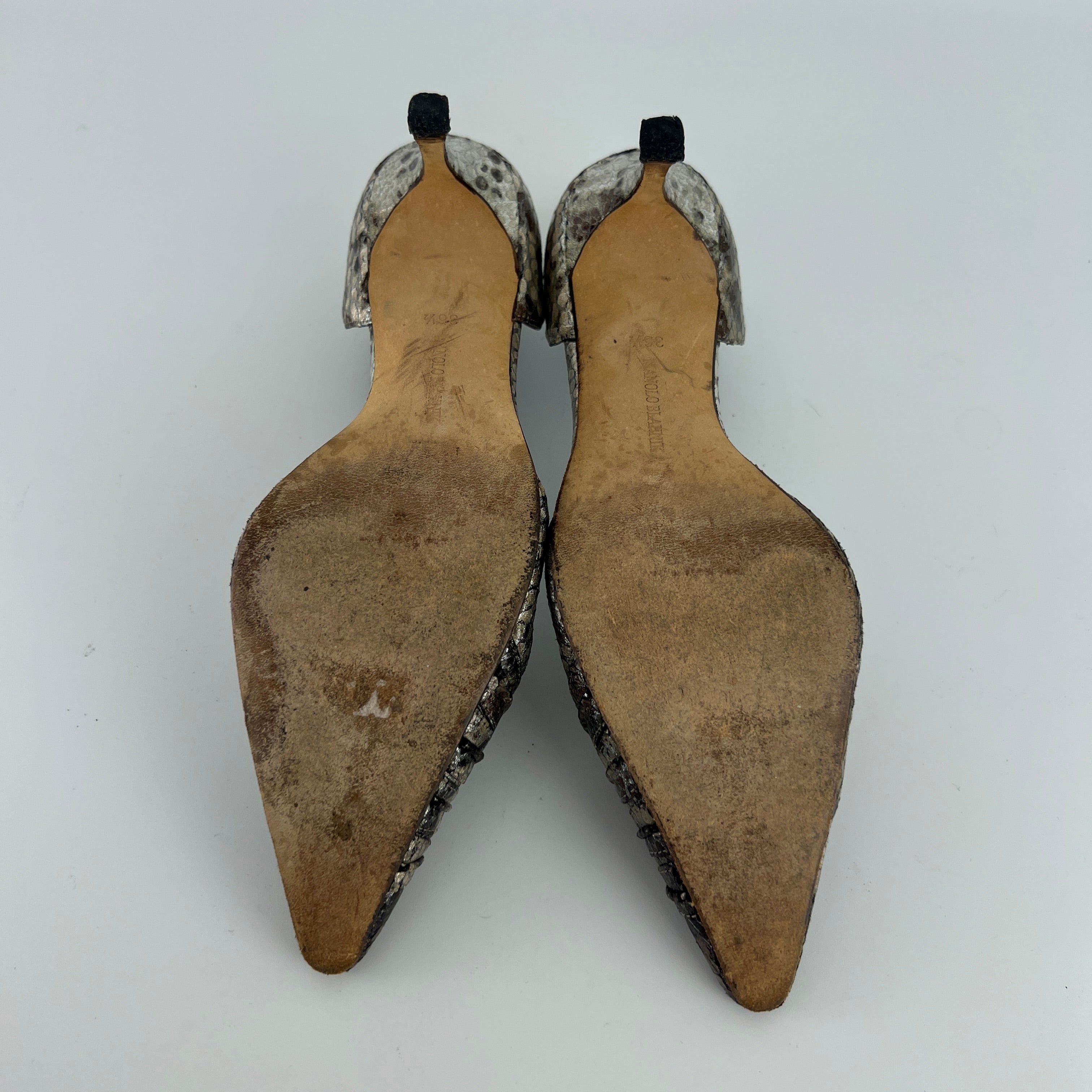 Manolo Blahnik | Silver Snake Print Leather Knot Pointed Toe D'Orsay (36.5)