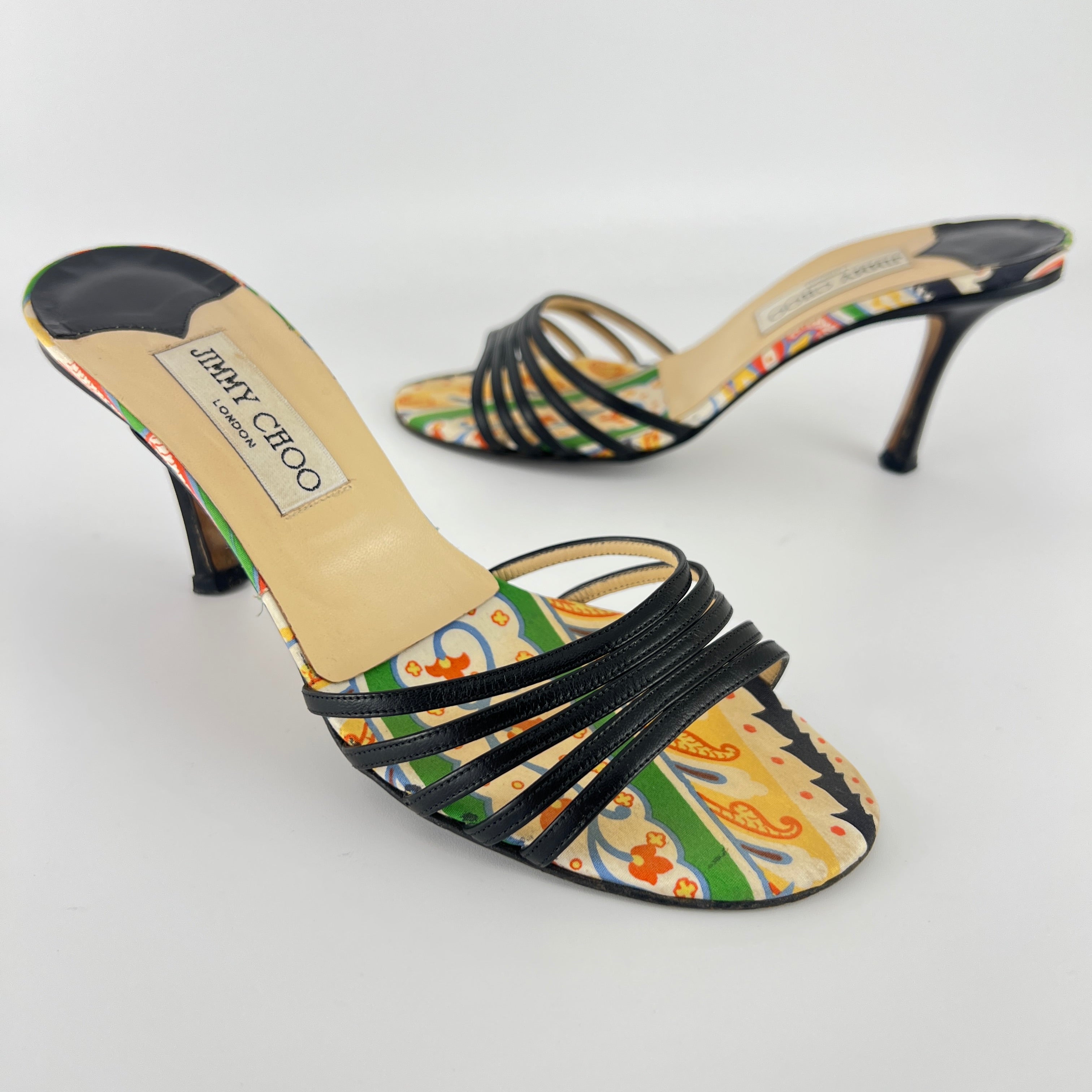 Jimmy Choo | Paisley Green Yellow Pattern Insole Black Strappy Mules  (37)