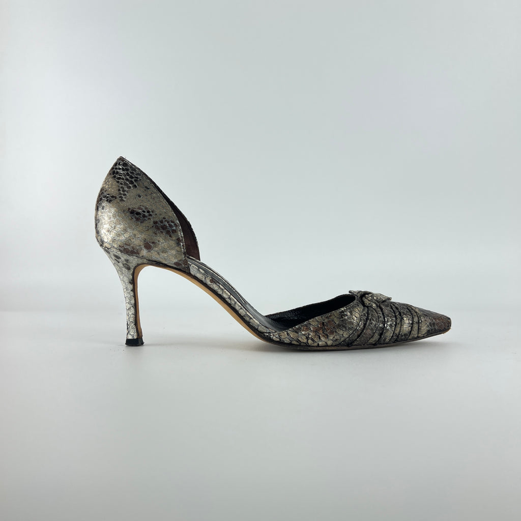 Manolo Blahnik | Silver Snake Print Leather Knot Pointed Toe D'Orsay (36.5)