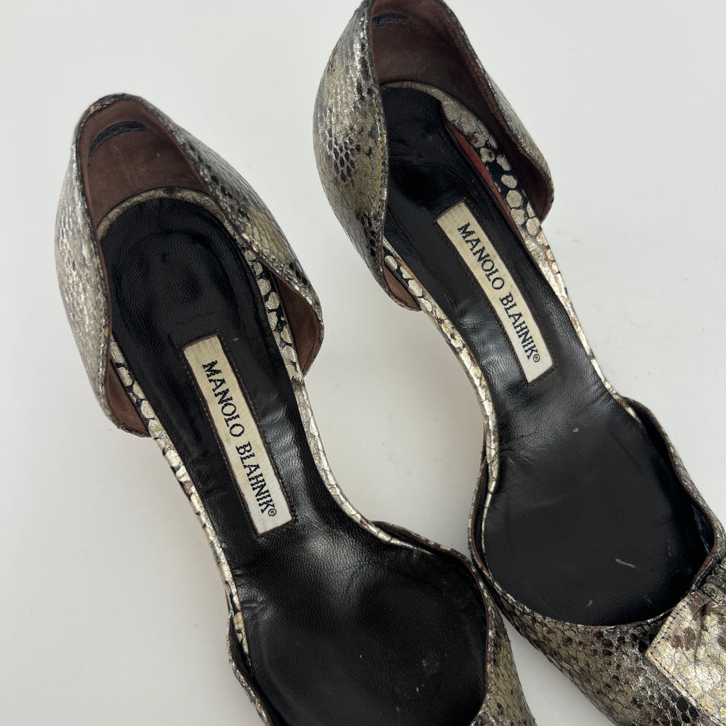 Manolo Blahnik | Silver Snake Print Leather Knot Pointed Toe D'Orsay (36.5)