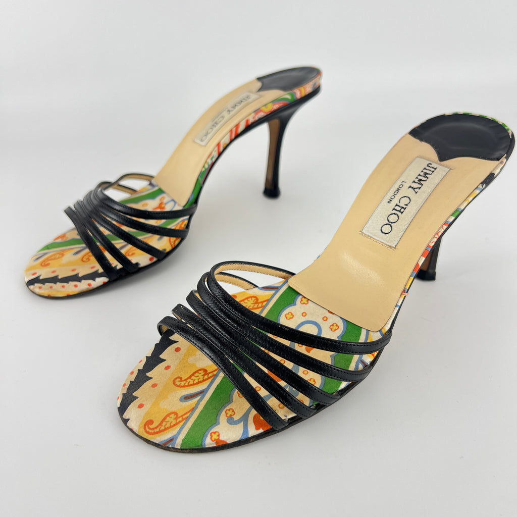 Jimmy Choo | Paisley Green Yellow Pattern Insole Black Strappy Mules  (37)