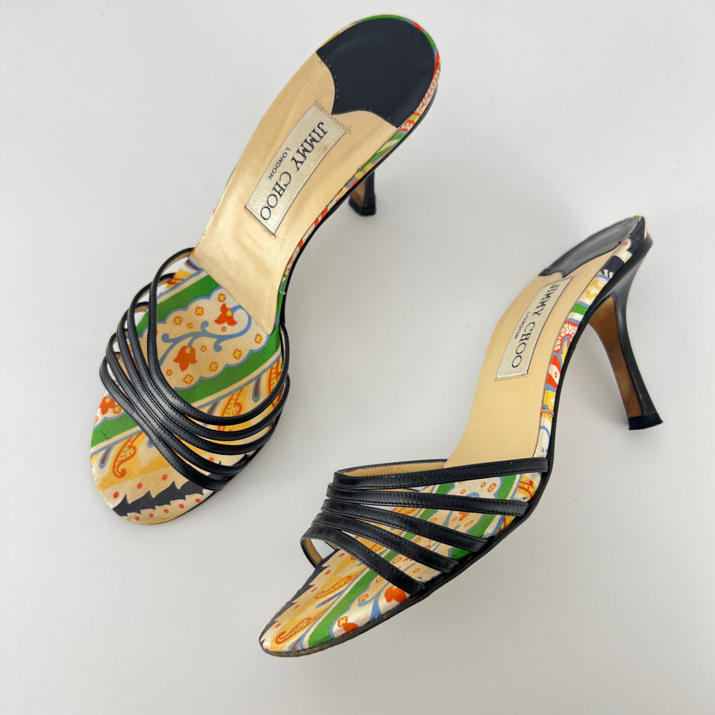 Jimmy Choo | Paisley Green Yellow Pattern Insole Black Strappy Mules  (37)