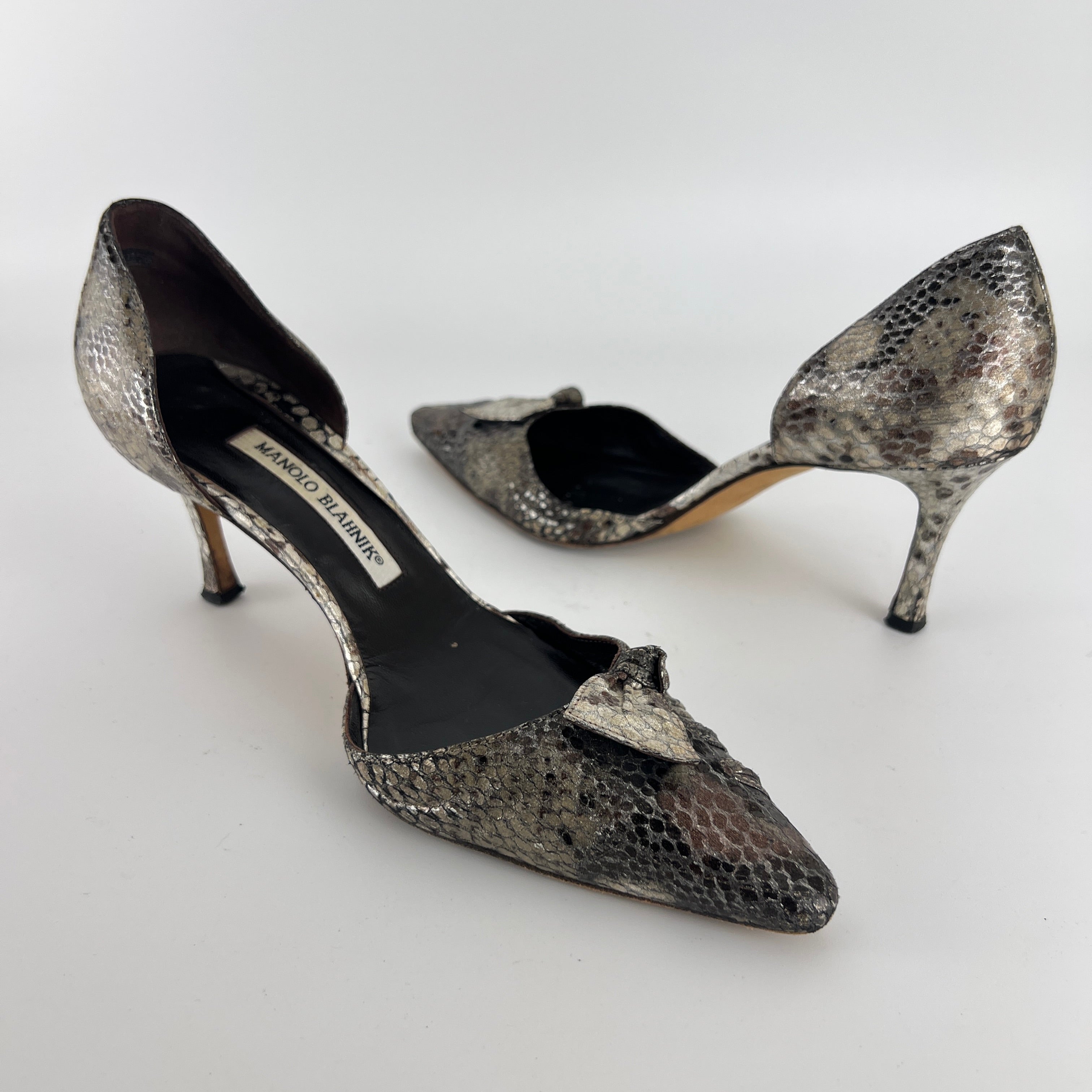 Manolo Blahnik | Silver Snake Print Leather Knot Pointed Toe D'Orsay (36.5)