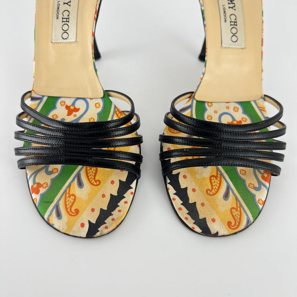 Jimmy Choo | Paisley Green Yellow Pattern Insole Black Strappy Mules  (37)