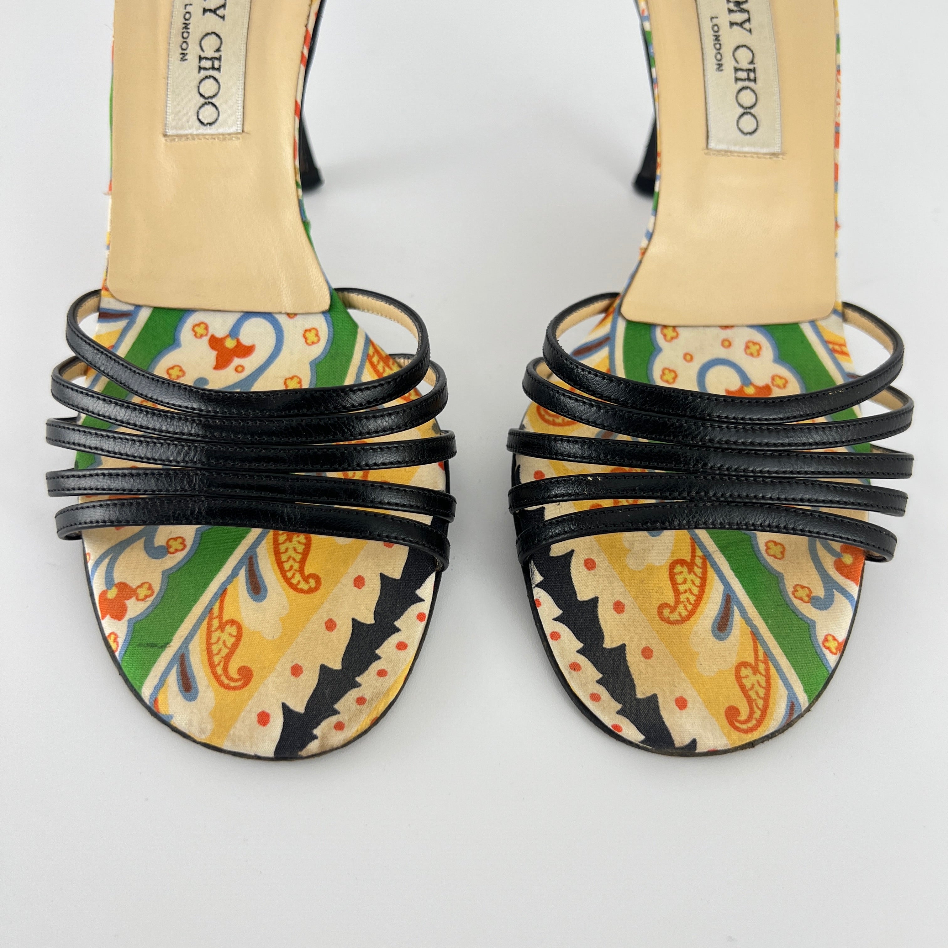 Jimmy Choo | Paisley Green Yellow Pattern Insole Black Strappy Mules  (37)