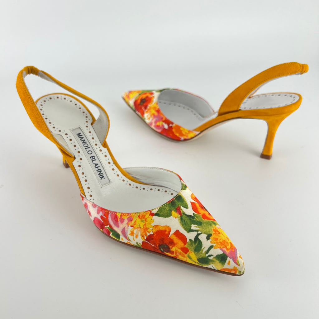 Manolo Blahnik | Carolyne 70 Floral Print Orange Suede Leather Pointed Slingback Heels (35)