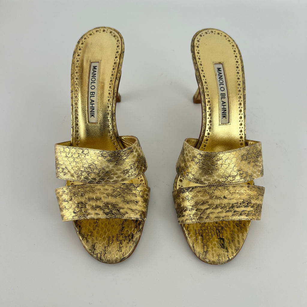 Manolo Blahnik | Iacopo 70 Gold Snake Embossed Leather Slide Mule (36)