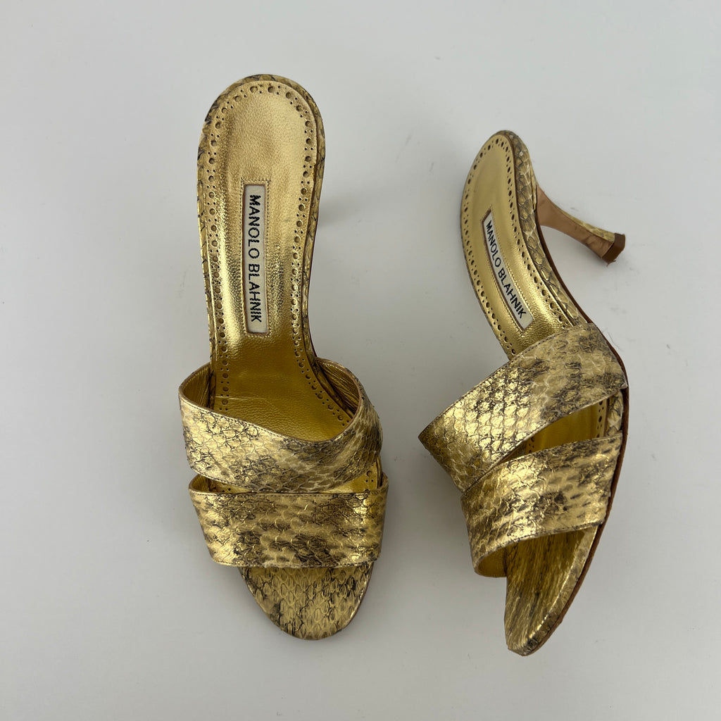 Manolo Blahnik | Iacopo 70 Gold Snake Embossed Leather Slide Mule (36)