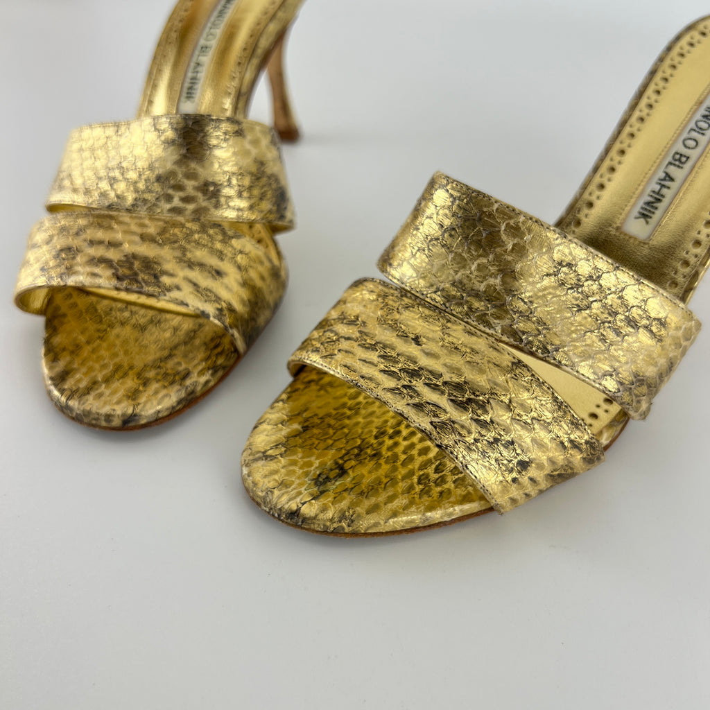 Manolo Blahnik | Iacopo 70 Gold Snake Embossed Leather Slide Mule (36)