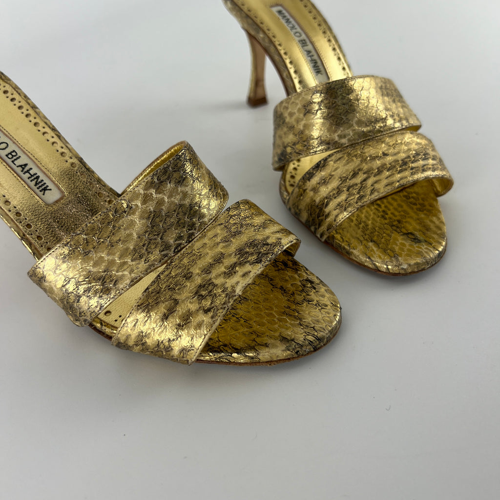 Manolo Blahnik | Iacopo 70 Gold Snake Embossed Leather Slide Mule (36)