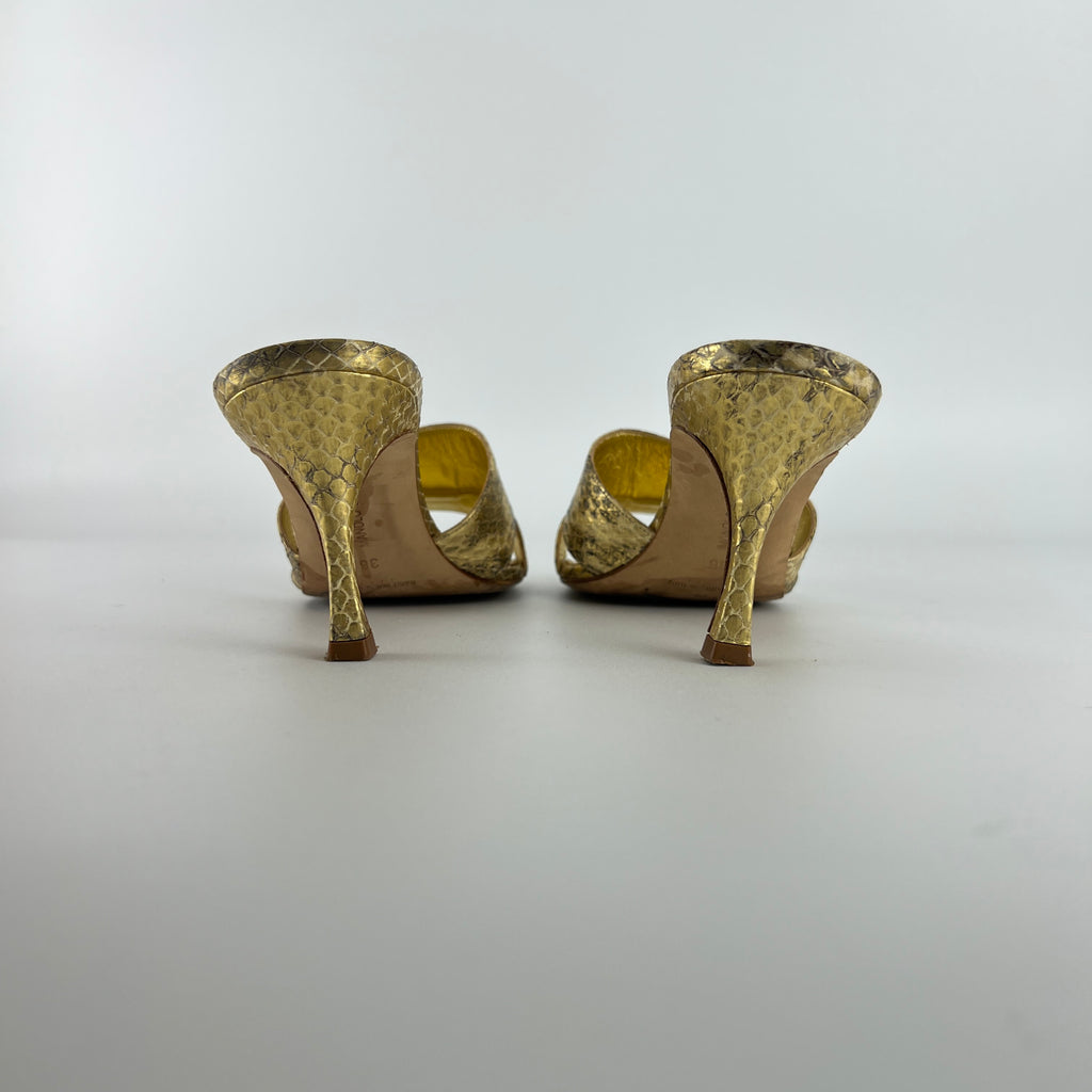 Manolo Blahnik | Iacopo 70 Gold Snake Embossed Leather Slide Mule (36)