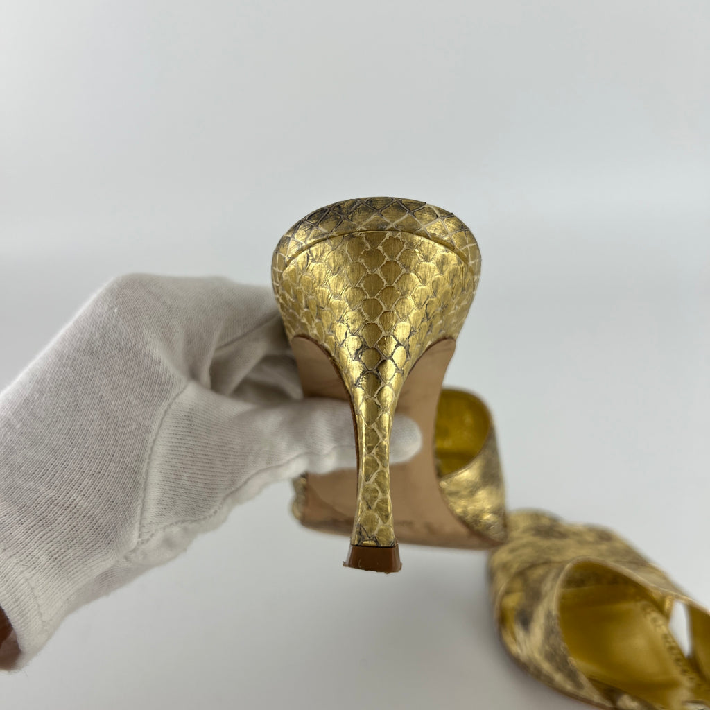 Manolo Blahnik | Iacopo 70 Gold Snake Embossed Leather Slide Mule (36)