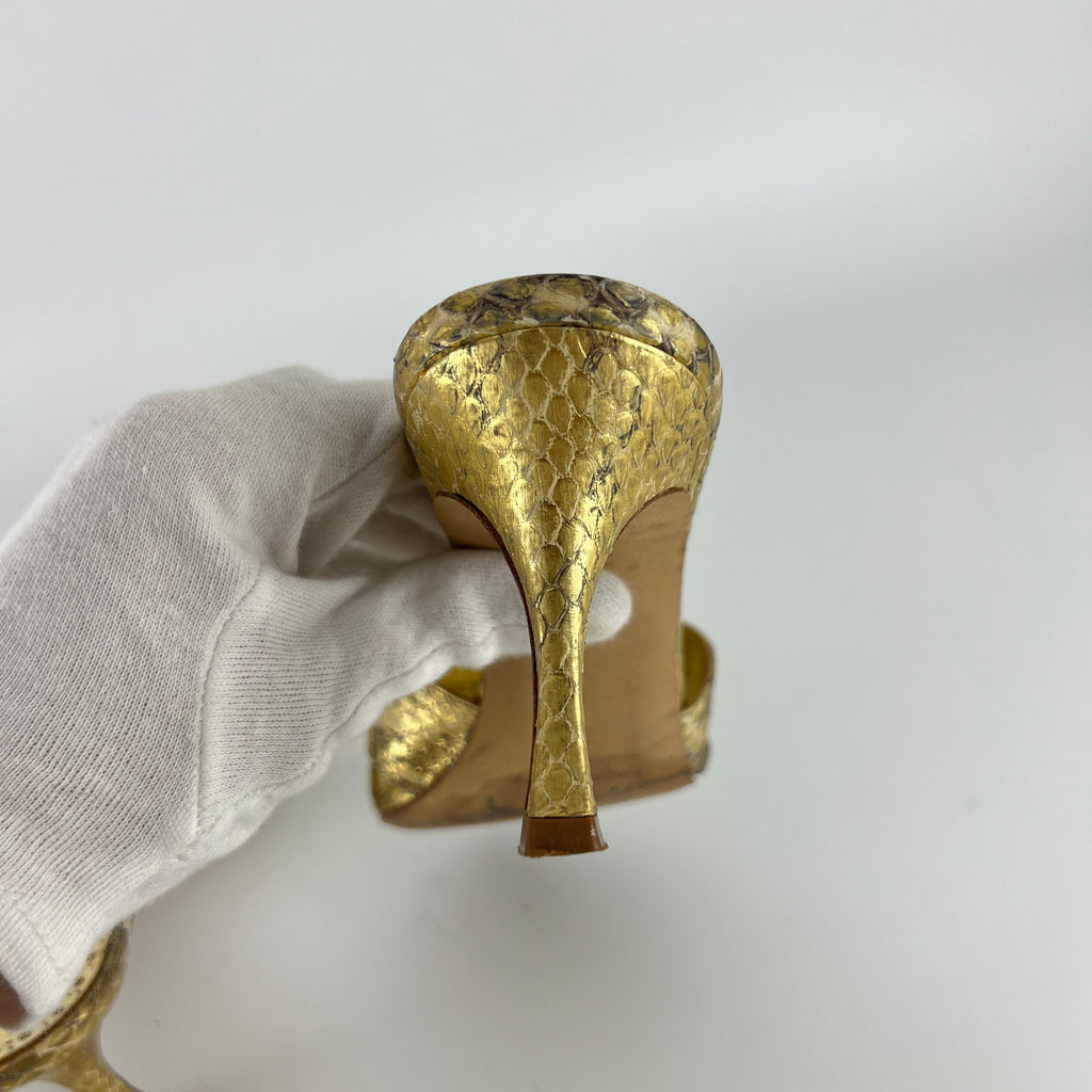 Manolo Blahnik | Iacopo 70 Gold Snake Embossed Leather Slide Mule (36)