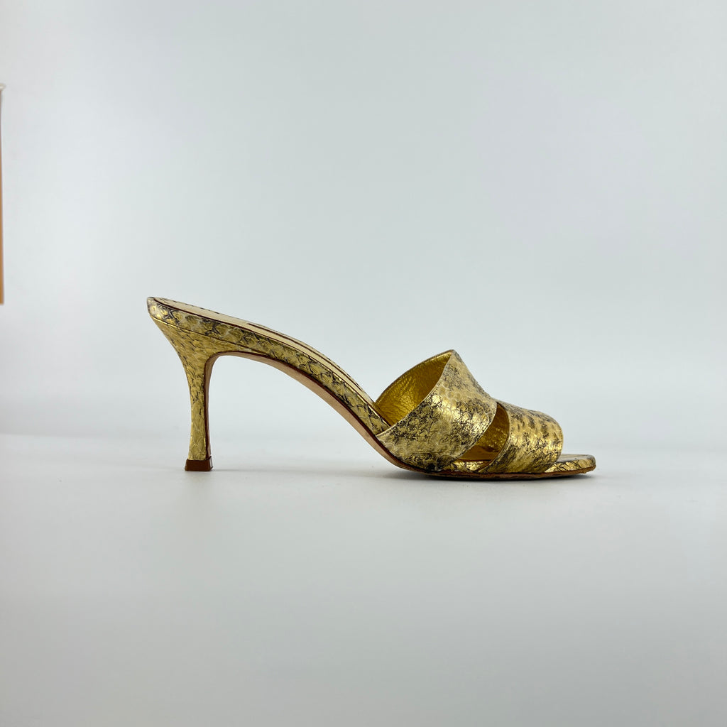 Manolo Blahnik | Iacopo 70 Gold Snake Embossed Leather Slide Mule (36)