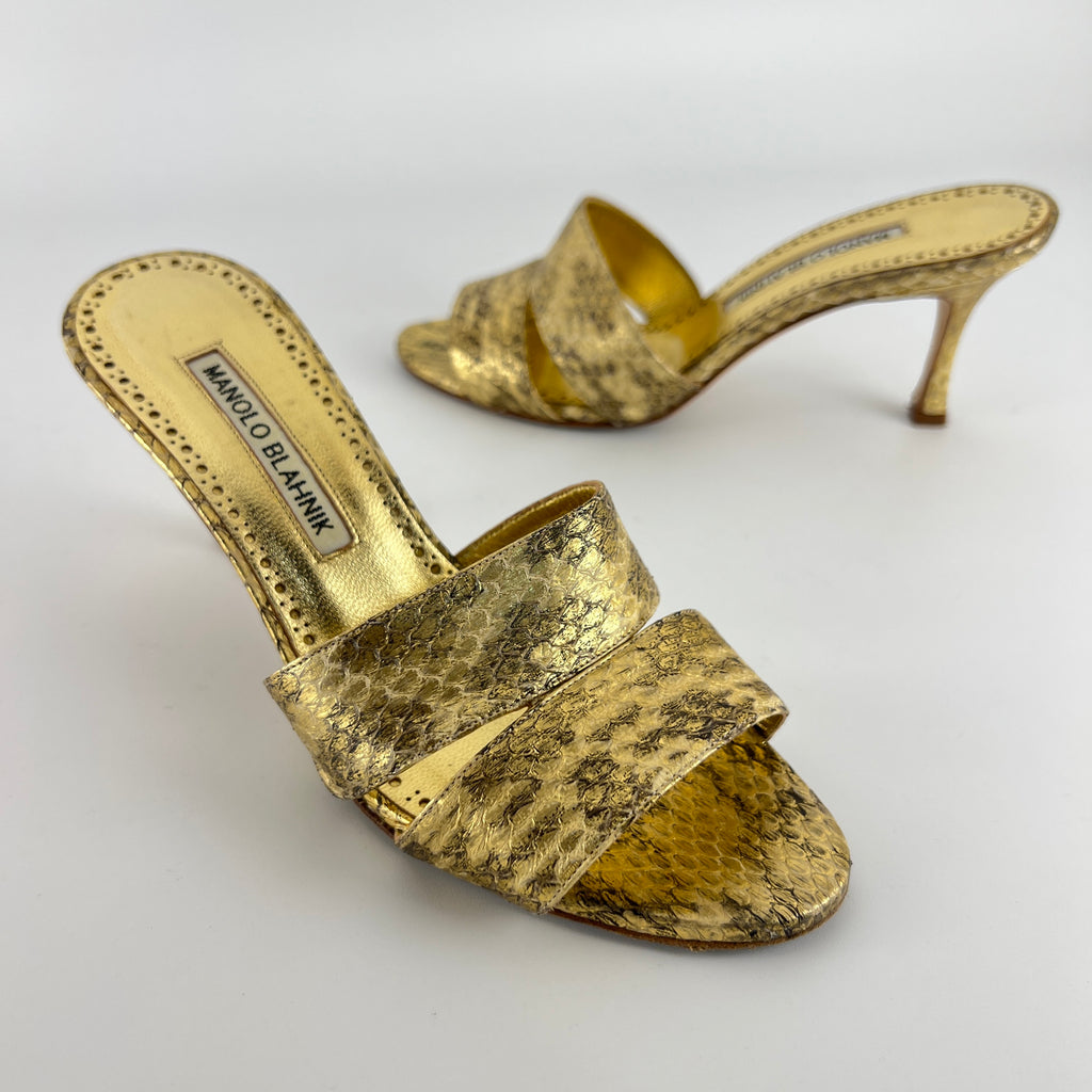 Manolo Blahnik | Iacopo 70 Gold Snake Embossed Leather Slide Mule (36)