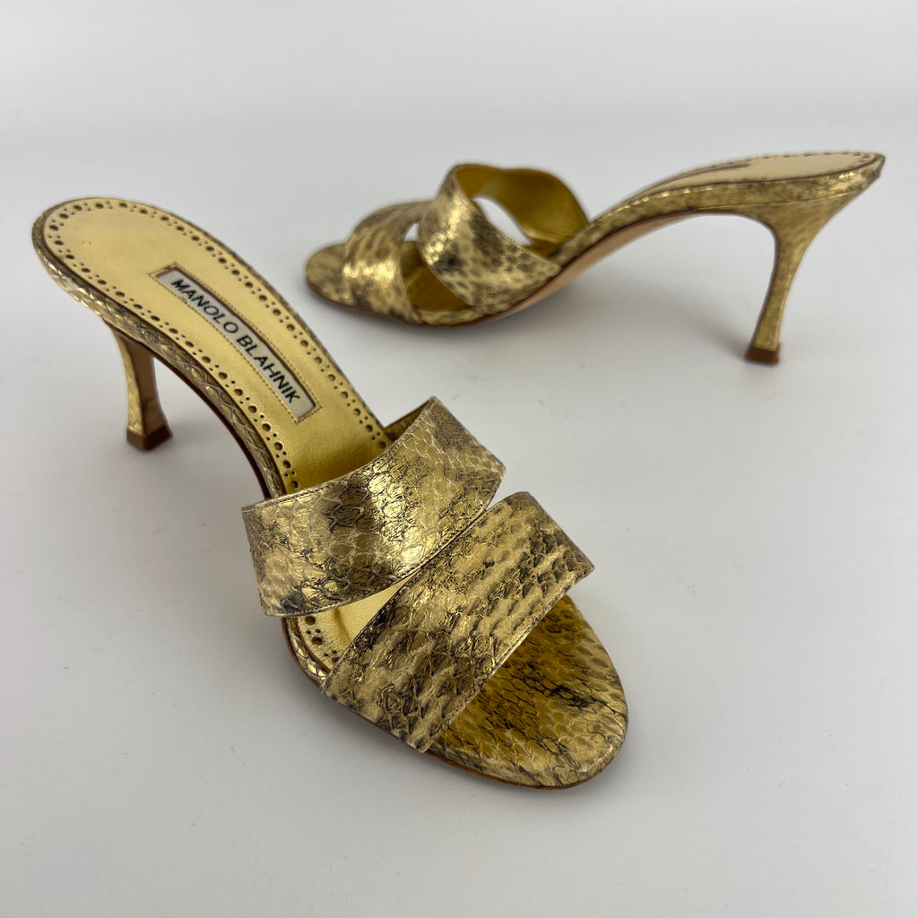 Manolo Blahnik | Iacopo 70 Gold Snake Embossed Leather Slide Mule (36)