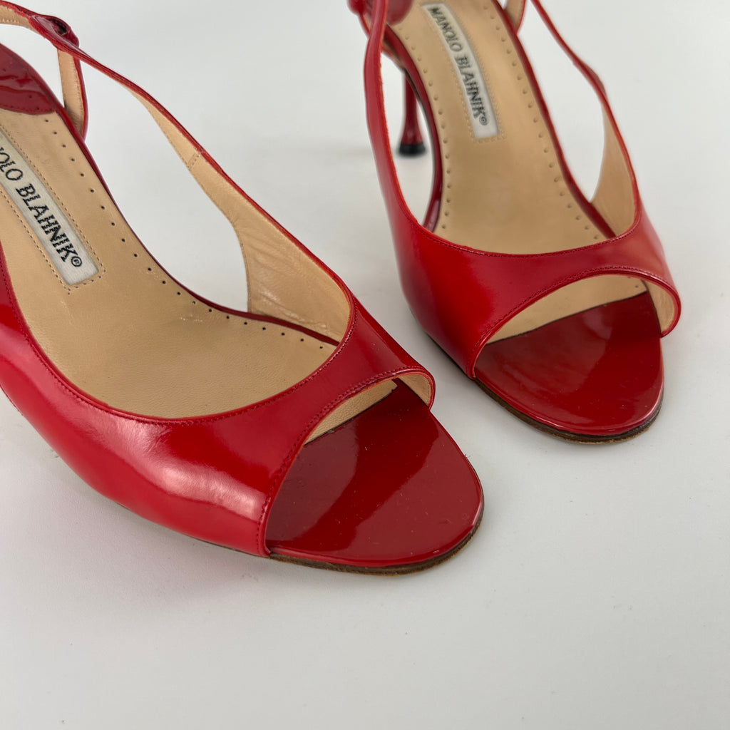 Manolo Blahnik | Red Patent Leather Slingback Sandal Heels (36.5)