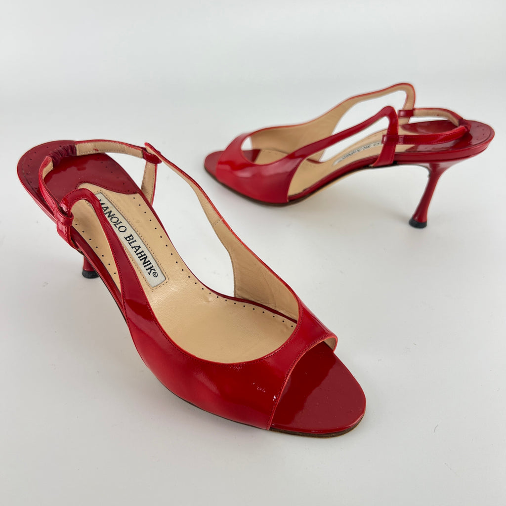 Manolo Blahnik | Red Patent Leather Slingback Sandal Heels (36.5)