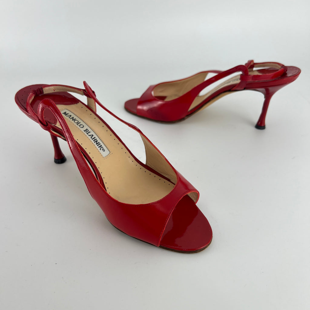 Manolo Blahnik | Red Patent Leather Slingback Sandal Heels (36.5)