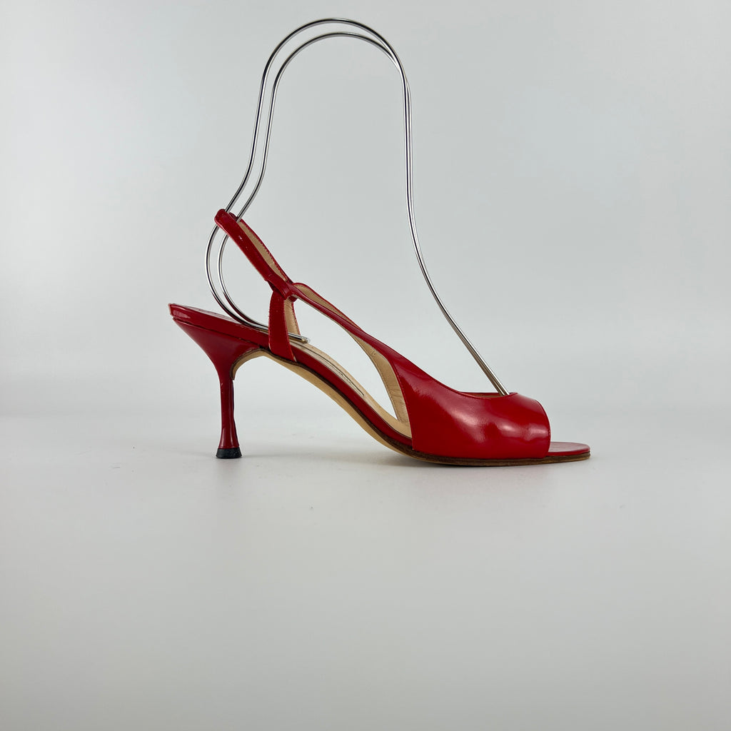 Manolo Blahnik | Red Patent Leather Slingback Sandal Heels (36.5)