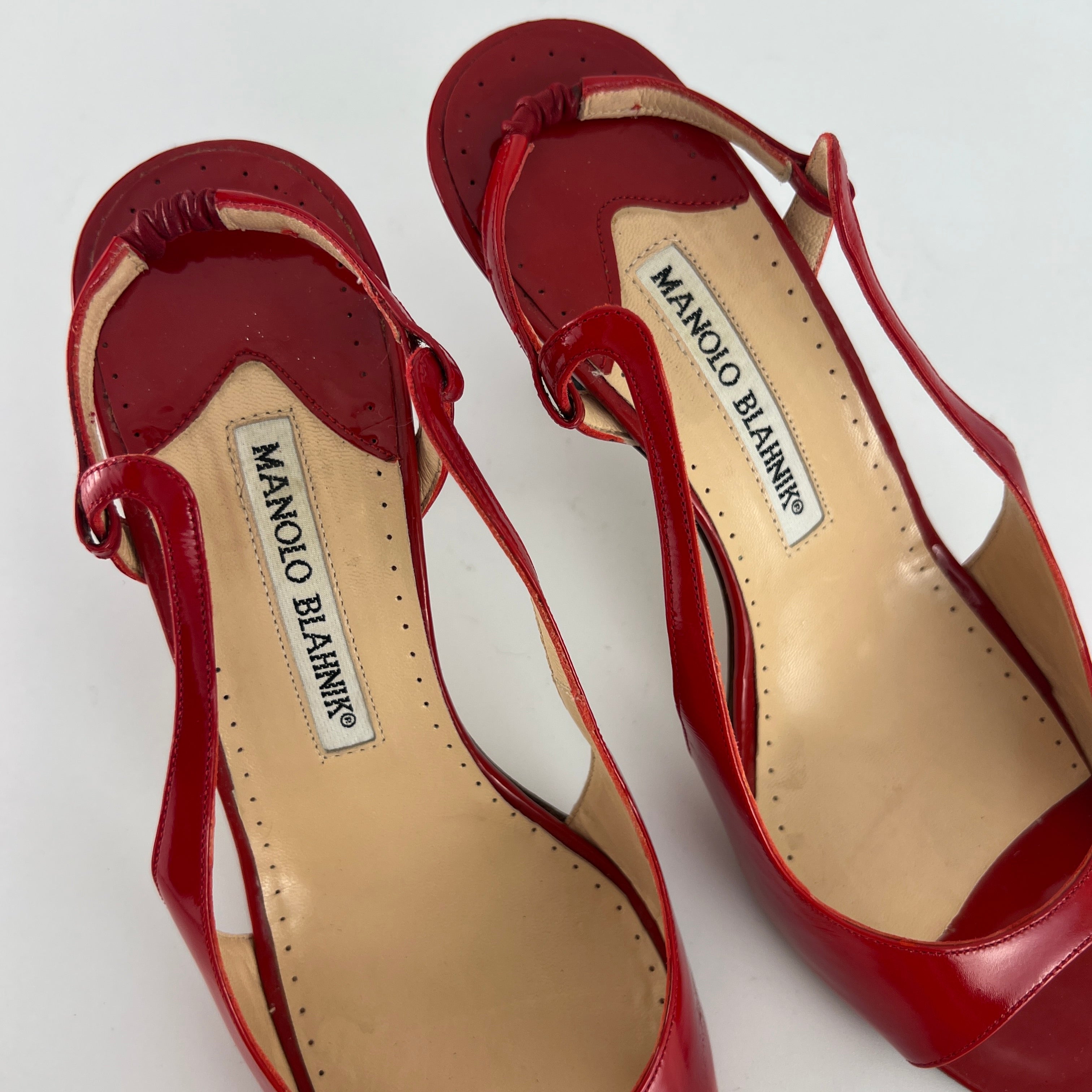 Manolo Blahnik | Red Patent Leather Slingback Sandal Heels (36.5)