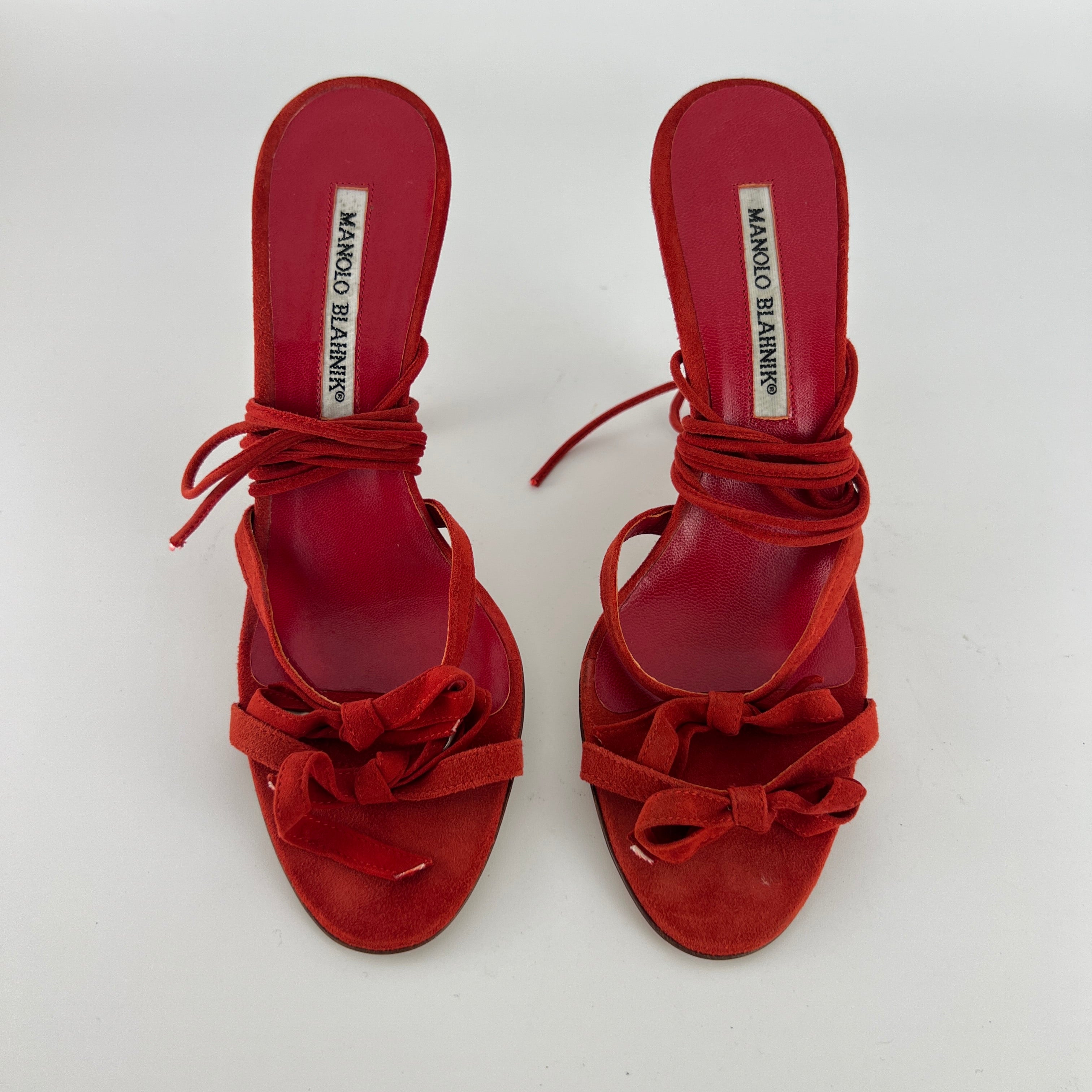 Manolo Blahnik | Cpolti Red Suede Leather Ribbon Bow Lace Up Sandals (37)