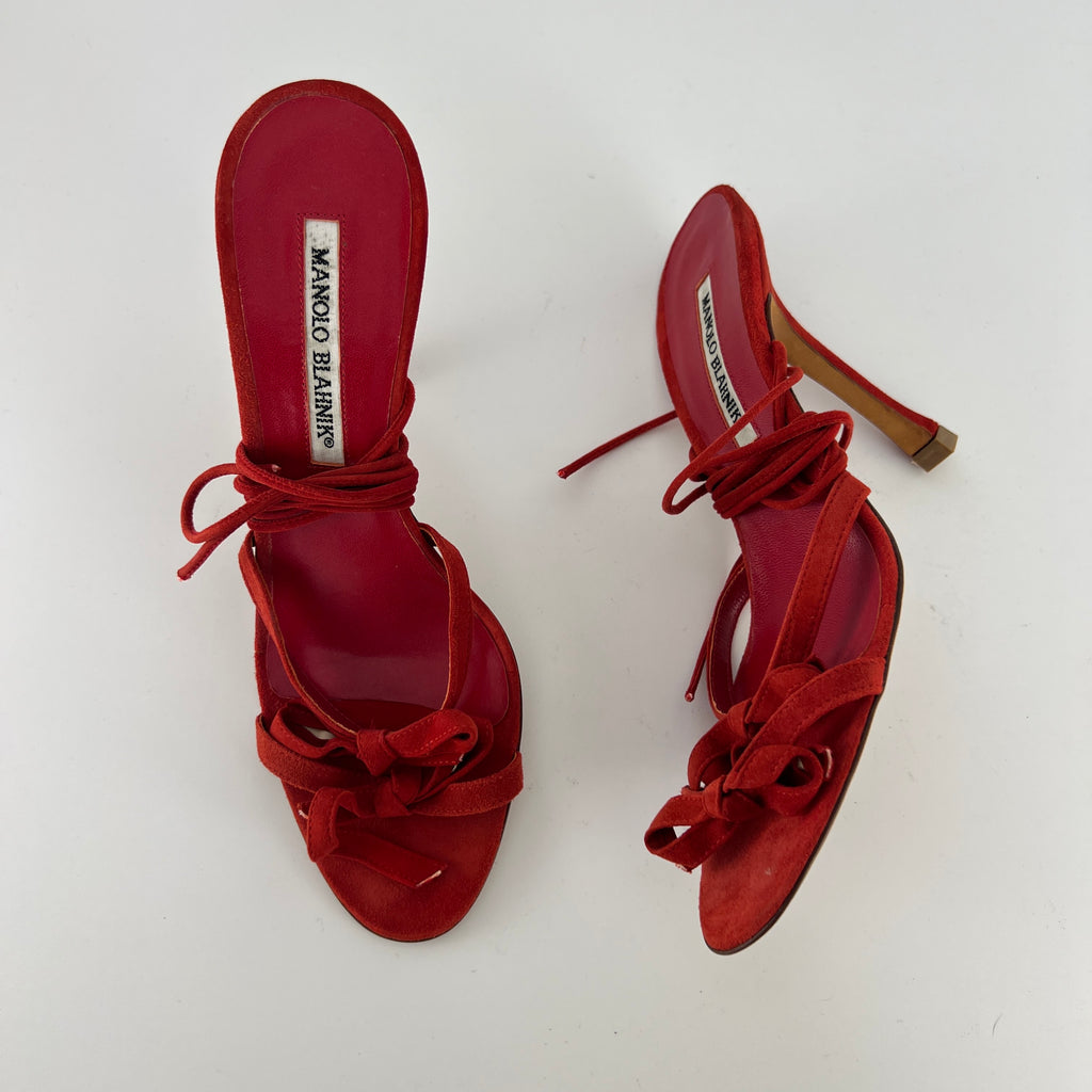 Manolo Blahnik | Cpolti Red Suede Leather Ribbon Bow Lace Up Sandals (37)