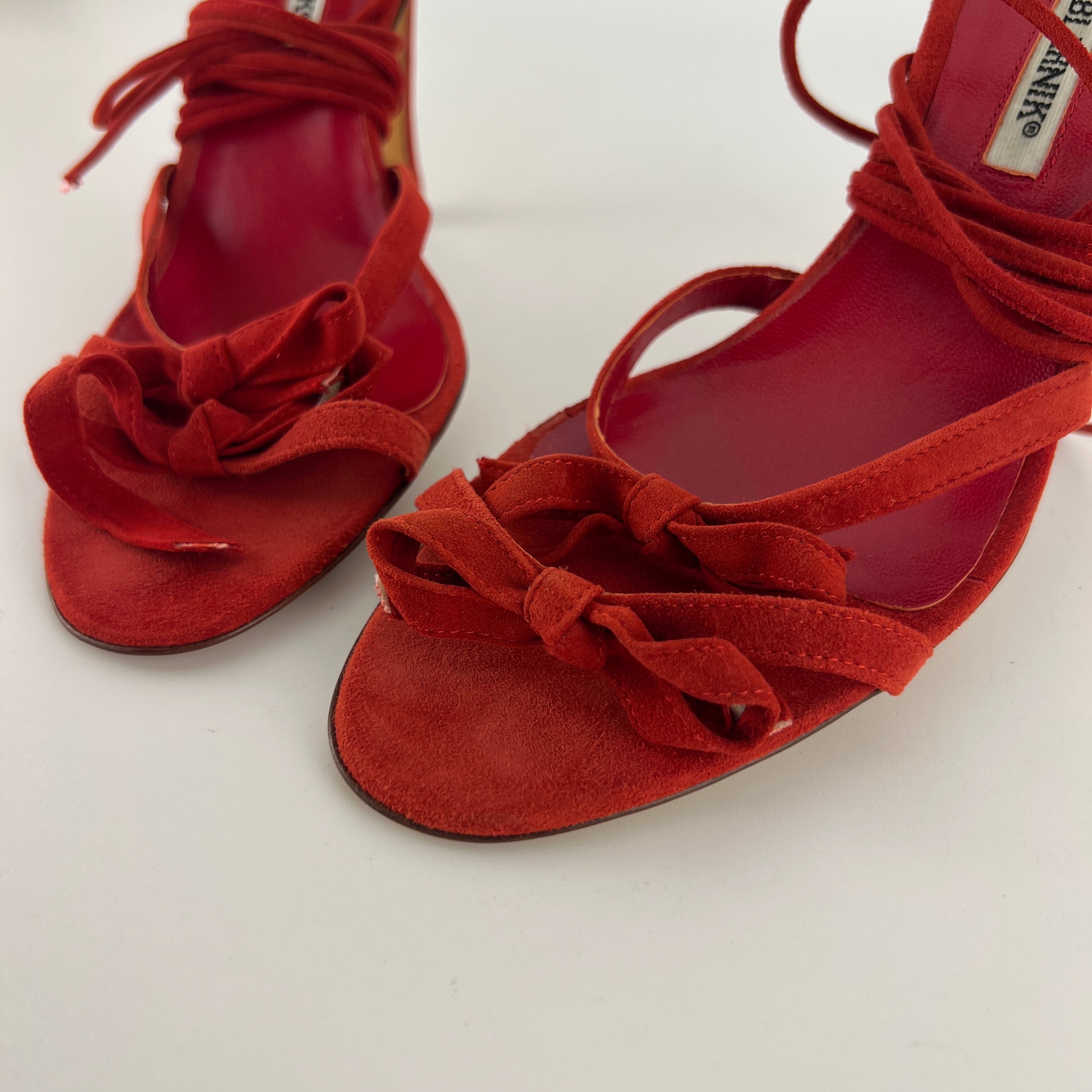 Manolo Blahnik | Cpolti Red Suede Leather Ribbon Bow Lace Up Sandals (37)