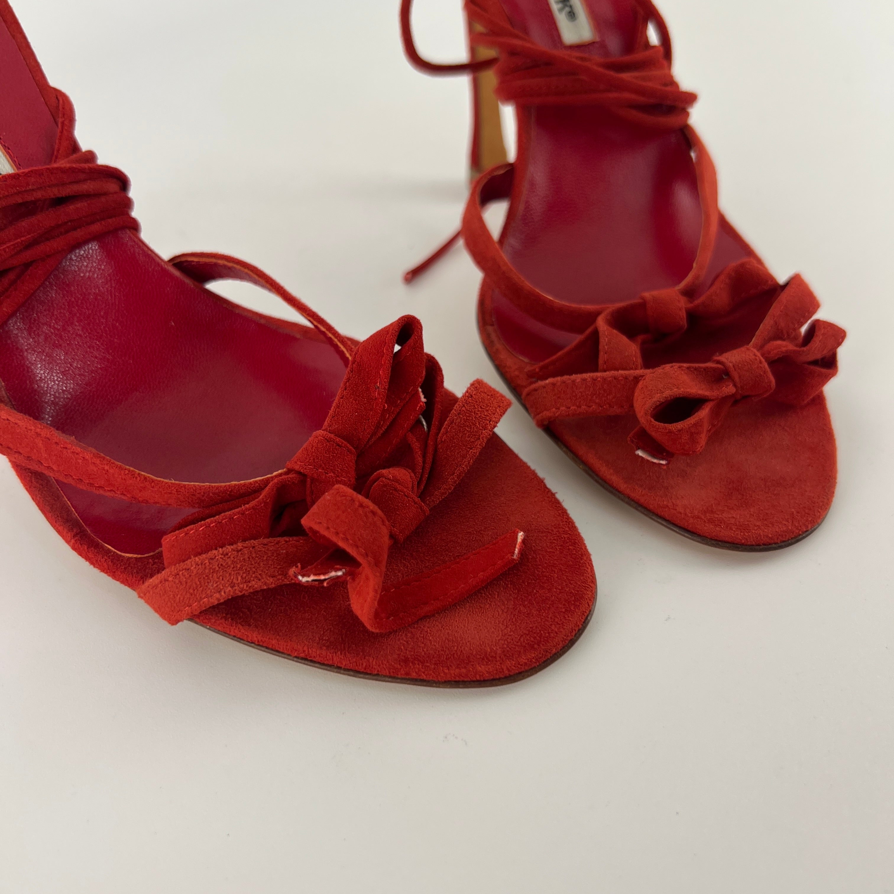 Manolo Blahnik | Cpolti Red Suede Leather Ribbon Bow Lace Up Sandals (37)