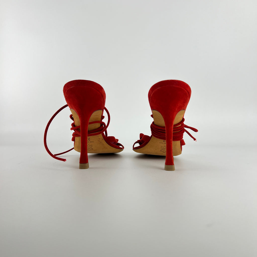 Manolo Blahnik | Cpolti Red Suede Leather Ribbon Bow Lace Up Sandals (37)